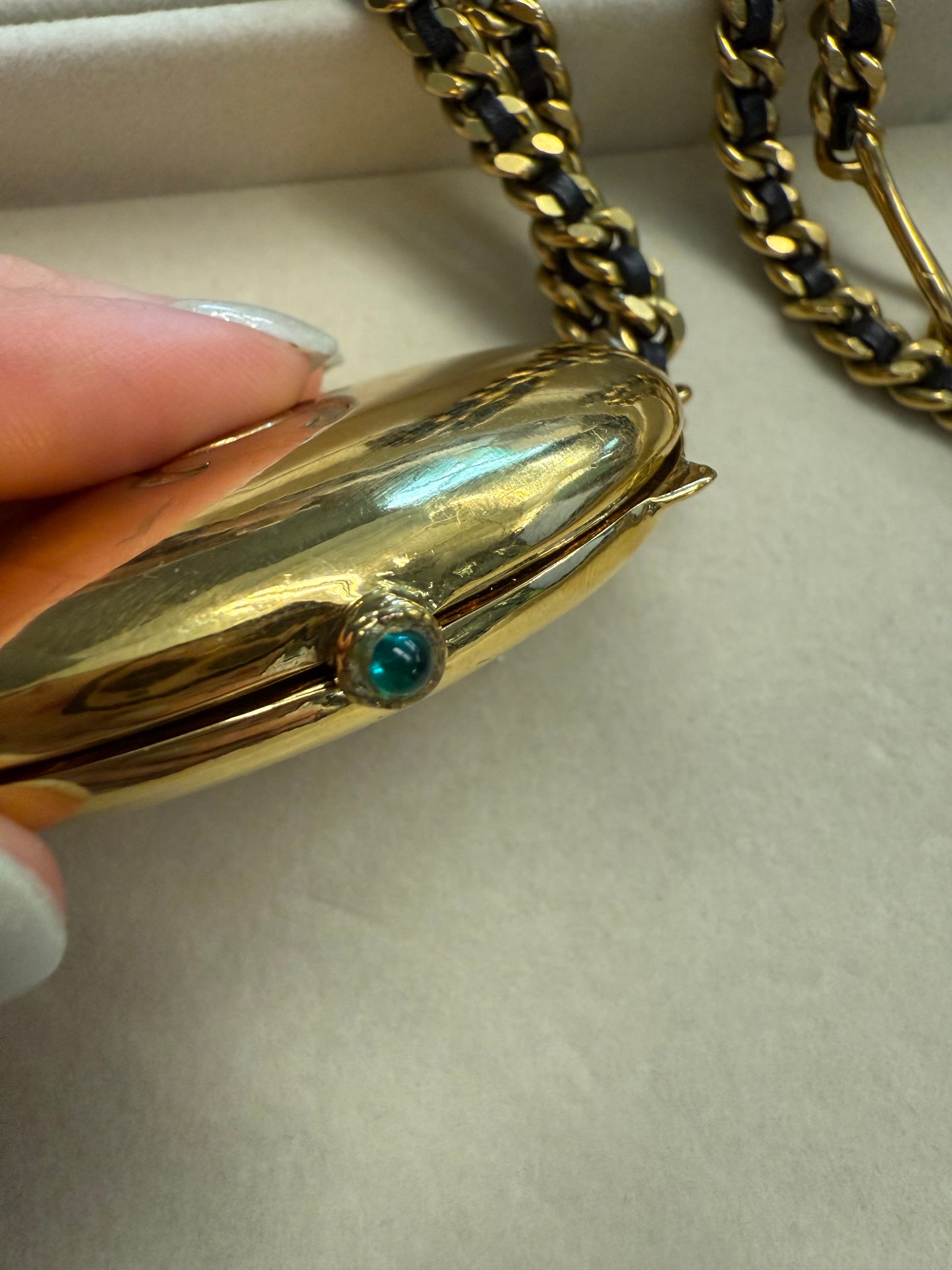 CHANEL RARE JUMBO LOCKET WITH LEATHER GILT CHAIN NECKLACE 1994