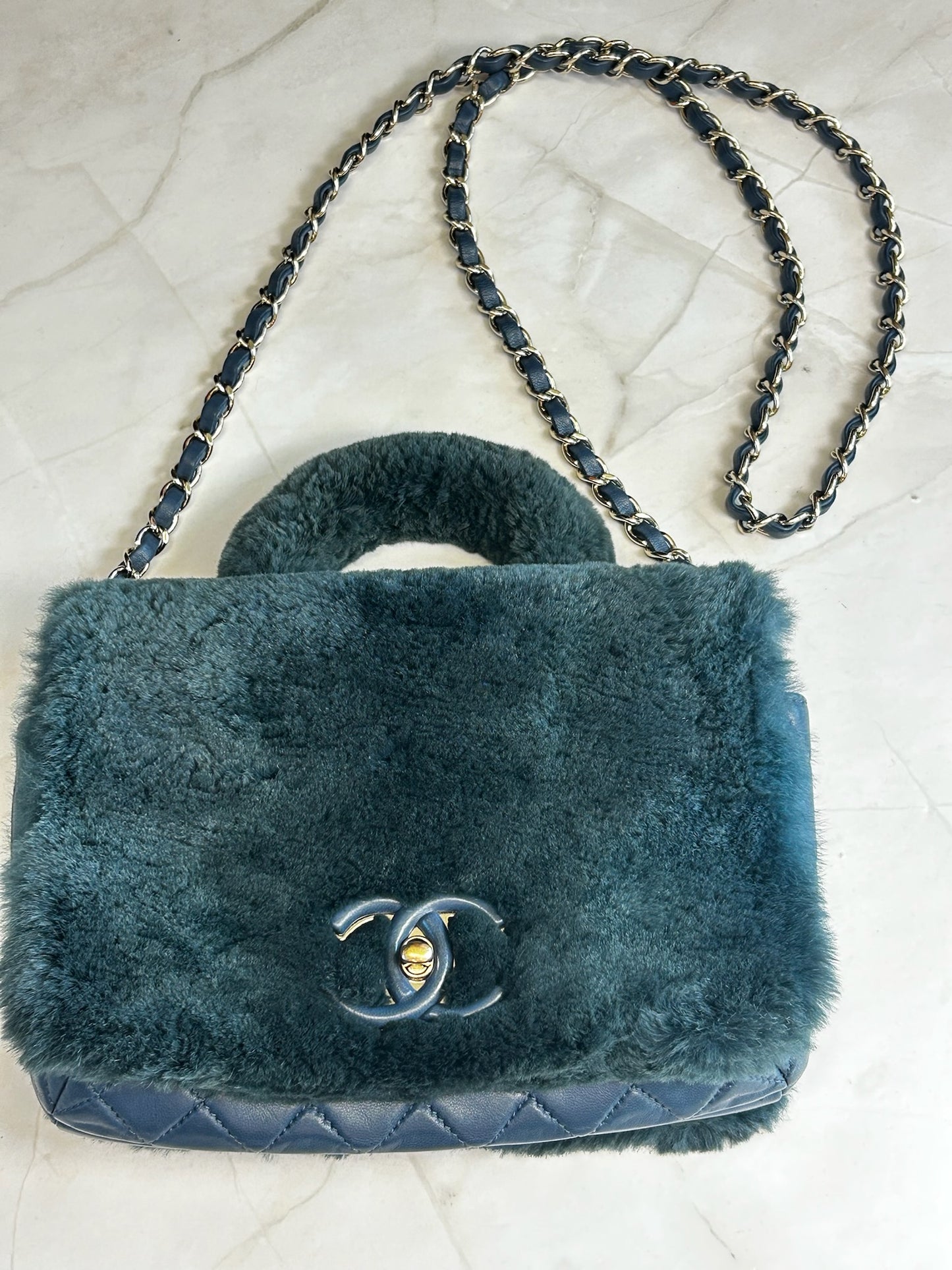 Chanel 2017 Metiers D'Art Lambskin/Rabbit Fur Top Handle Flap with Gold Hardware