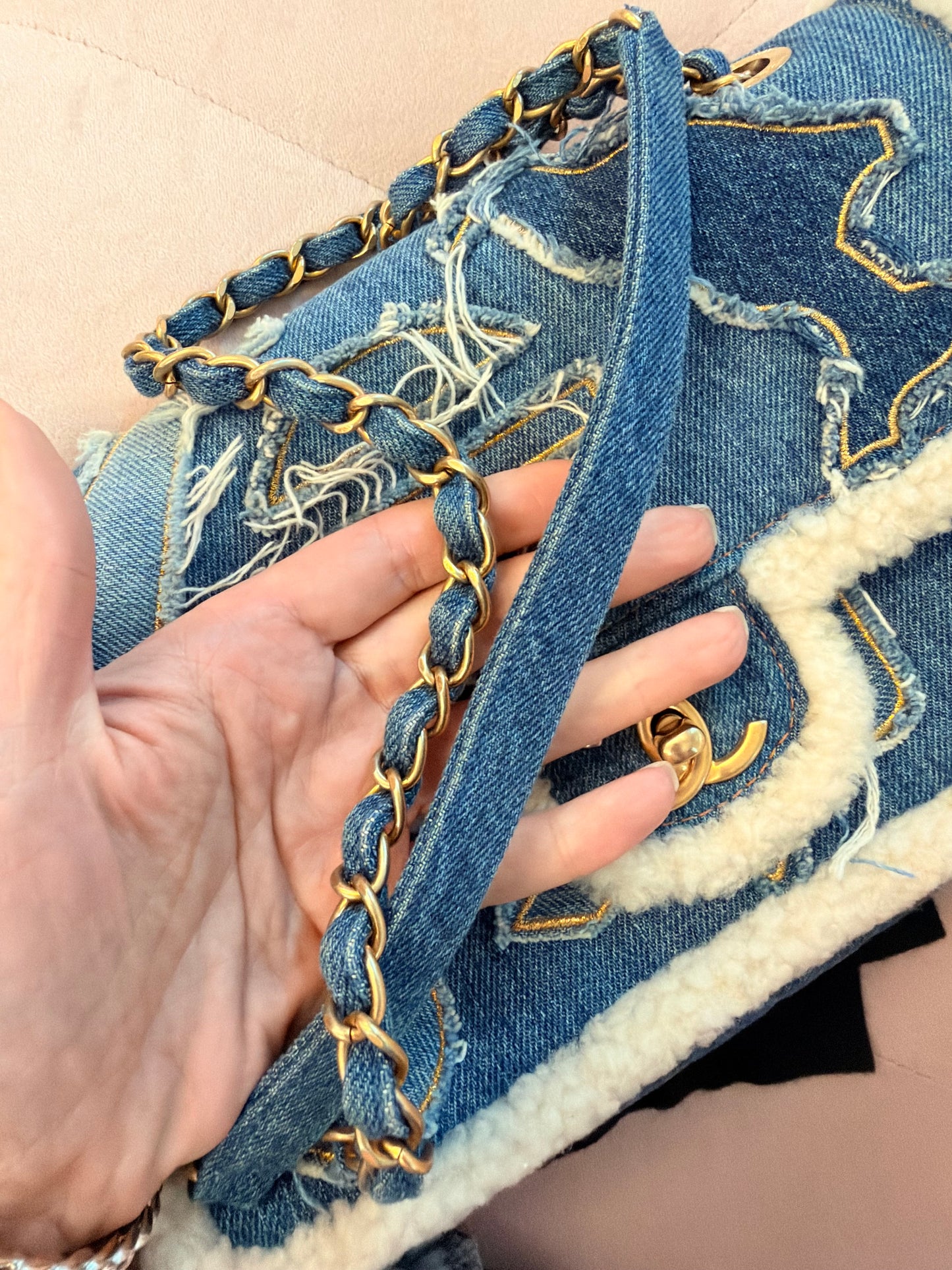 CHANEL 19A EGYPTIAN DENIM BLUE SHEARLING HIEROGLYPHIC MEDIUM FLAP BAG PARIS-NY GHW