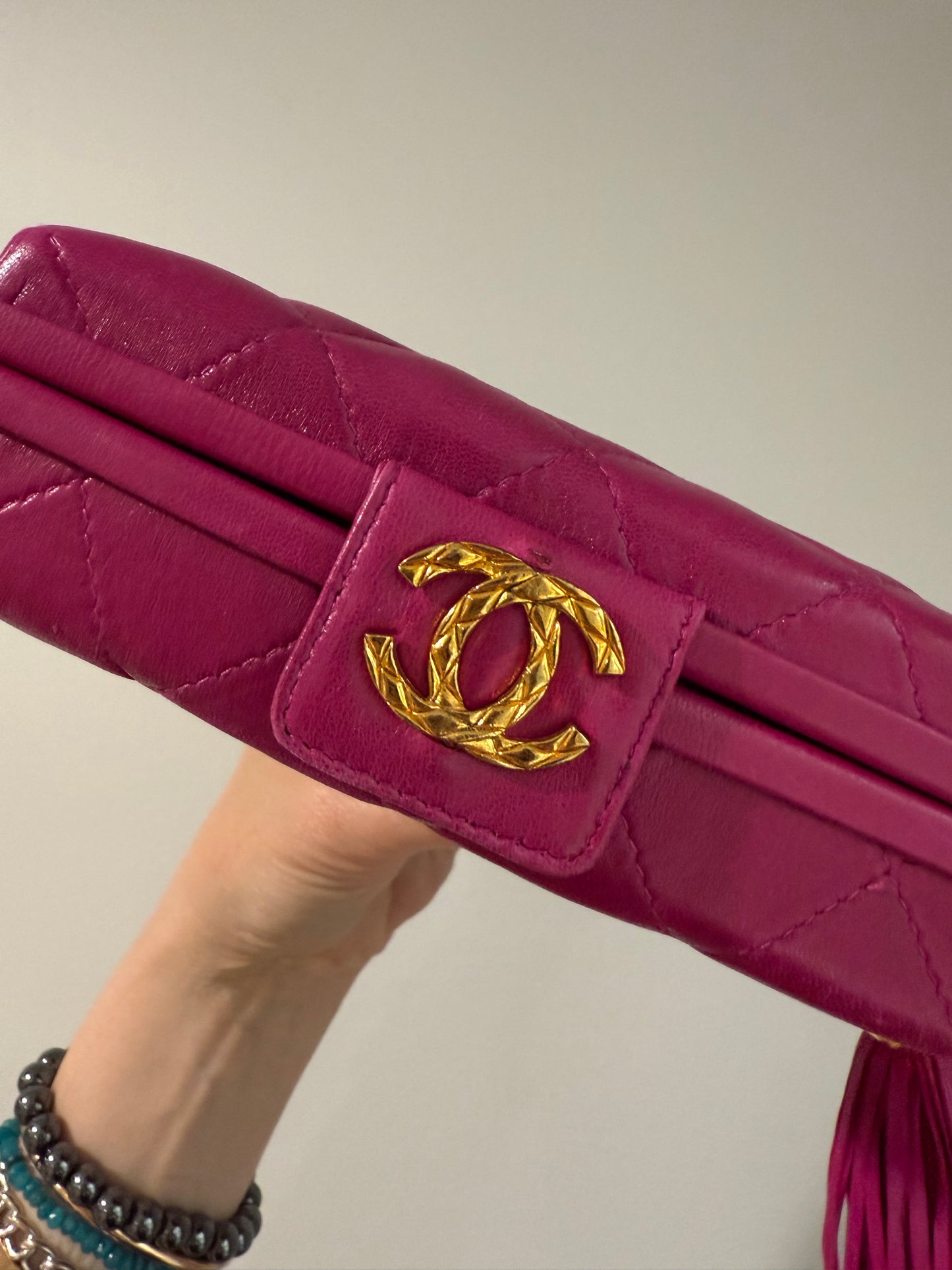 Chanel 80s Fuschia Lambskin Clutch with leather tassel