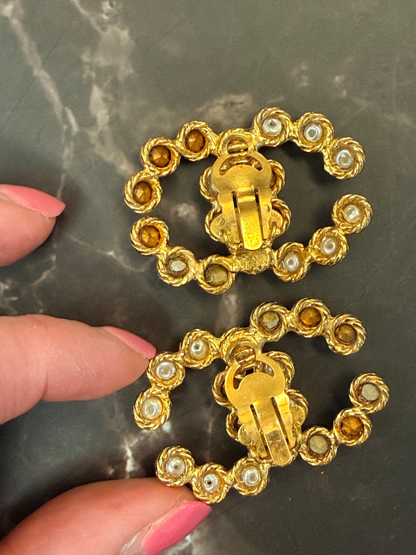 Rare Chanel Pearl and Strass Vintage oversized CC clips.