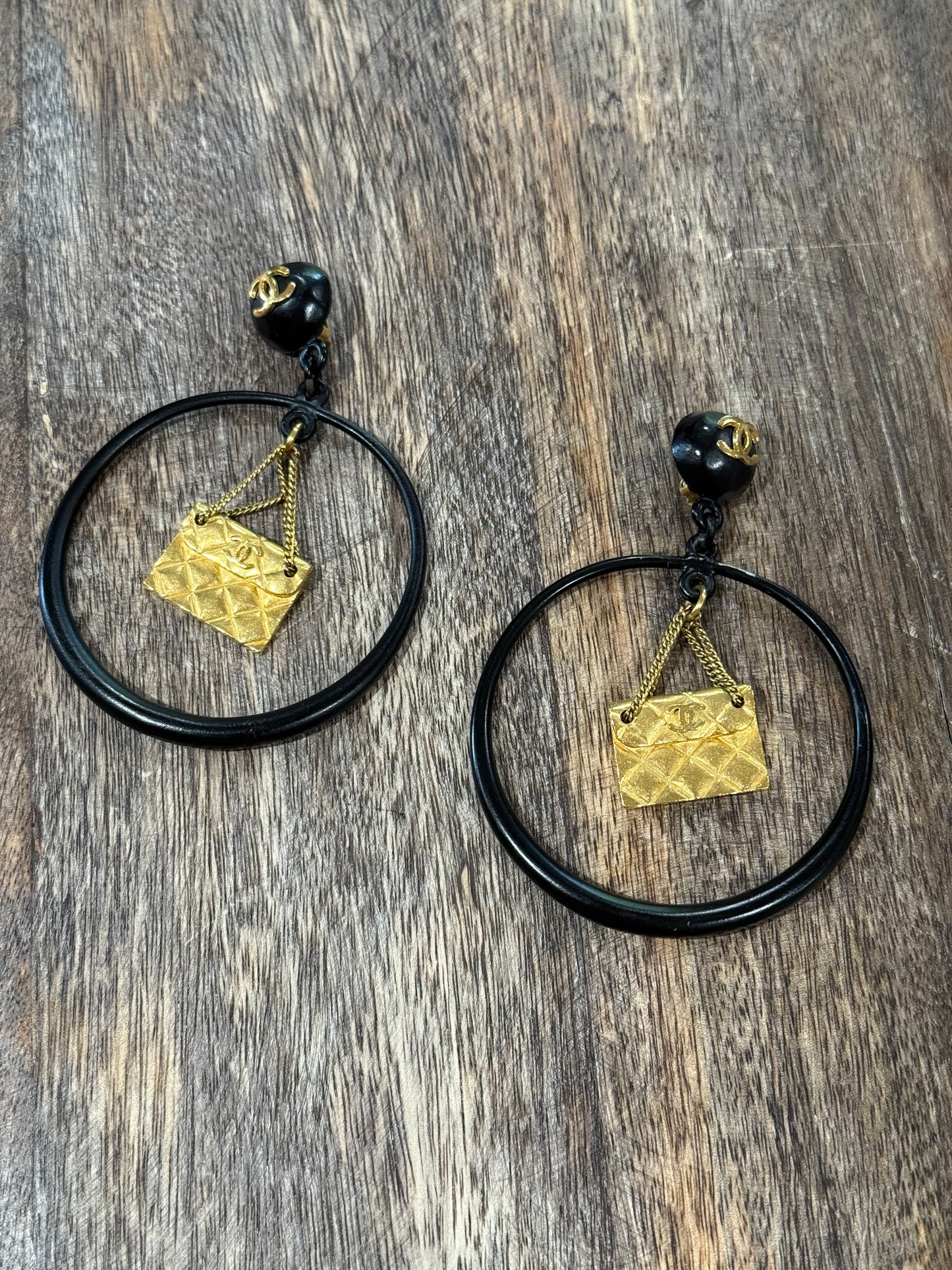 Rare XL black logo & purse charm earrings from 1994