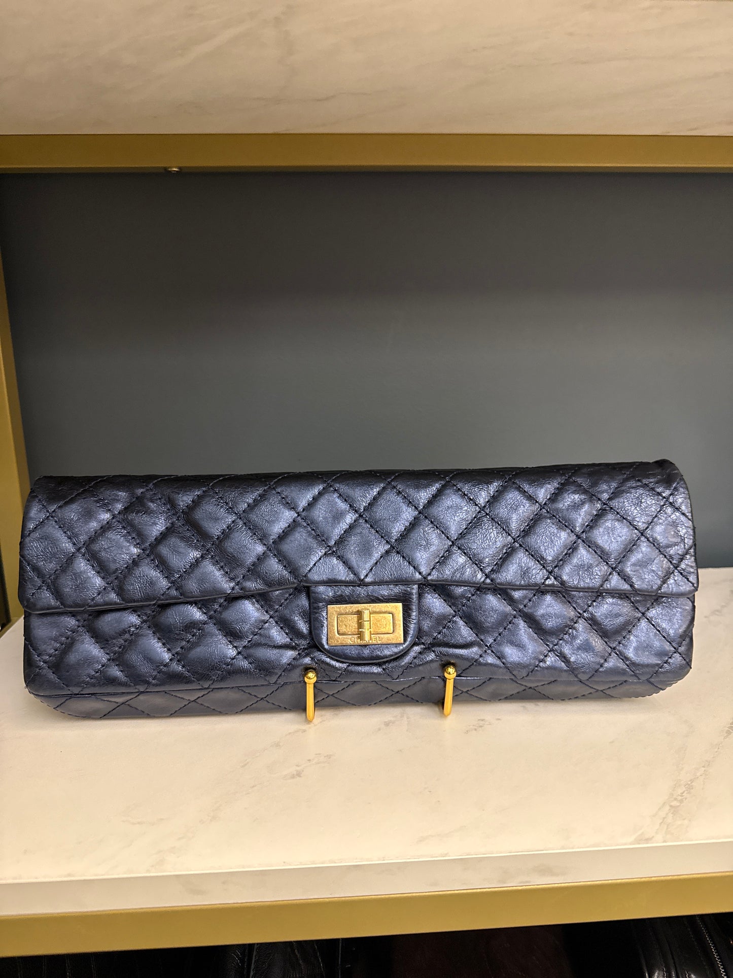 Rare Chanel Extra Wide 13" Blue Metallic Exaggerated East West Clutch Shoulder Bag