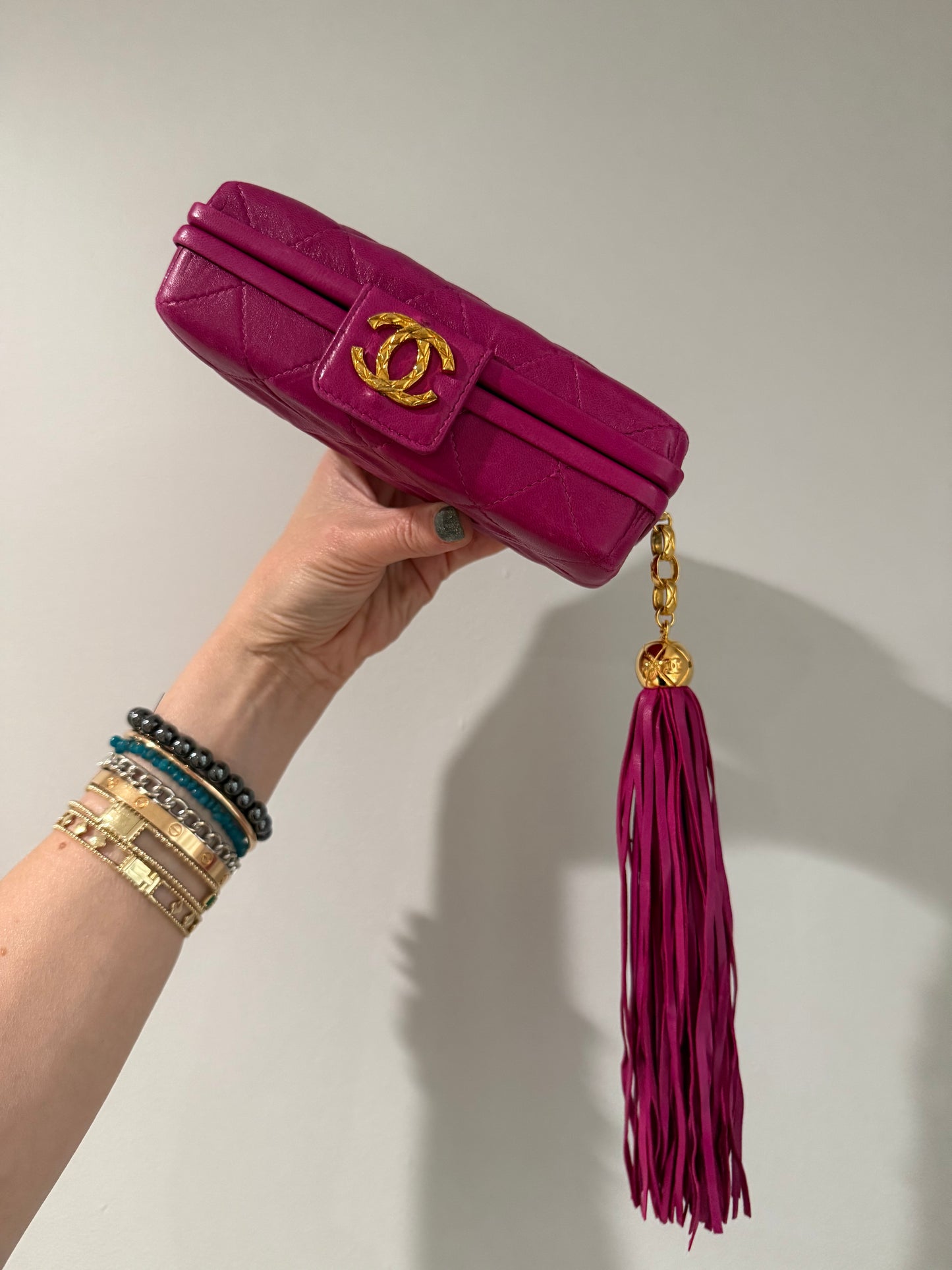 Chanel 80s Fuschia Lambskin Clutch with leather tassel