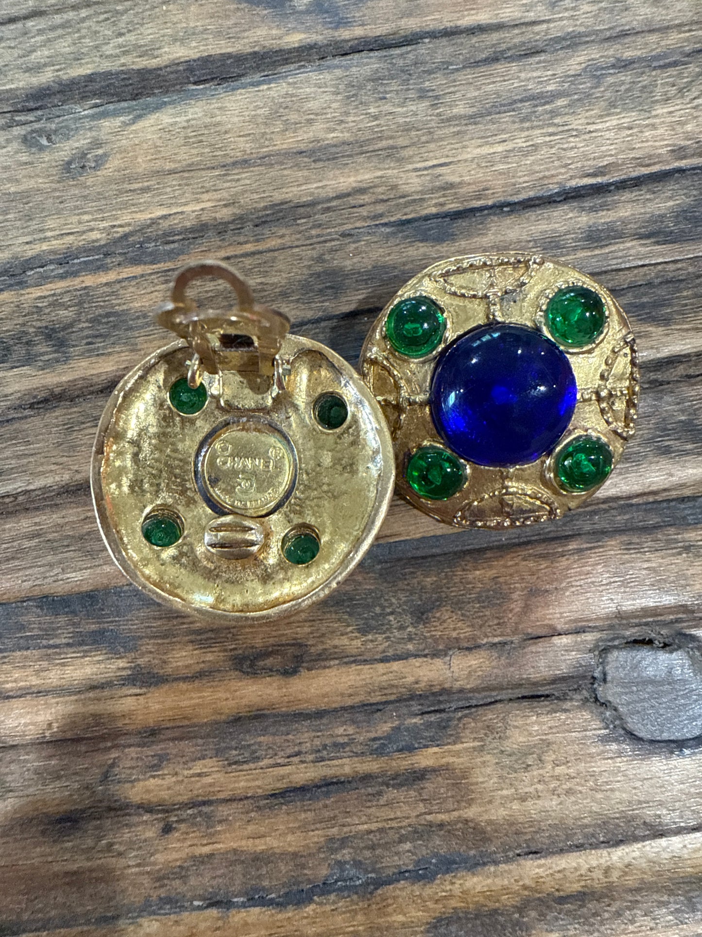 CHANEL Green & Blue Gripoix Gold Plated Paris Maison Clip On Earrings 1980's