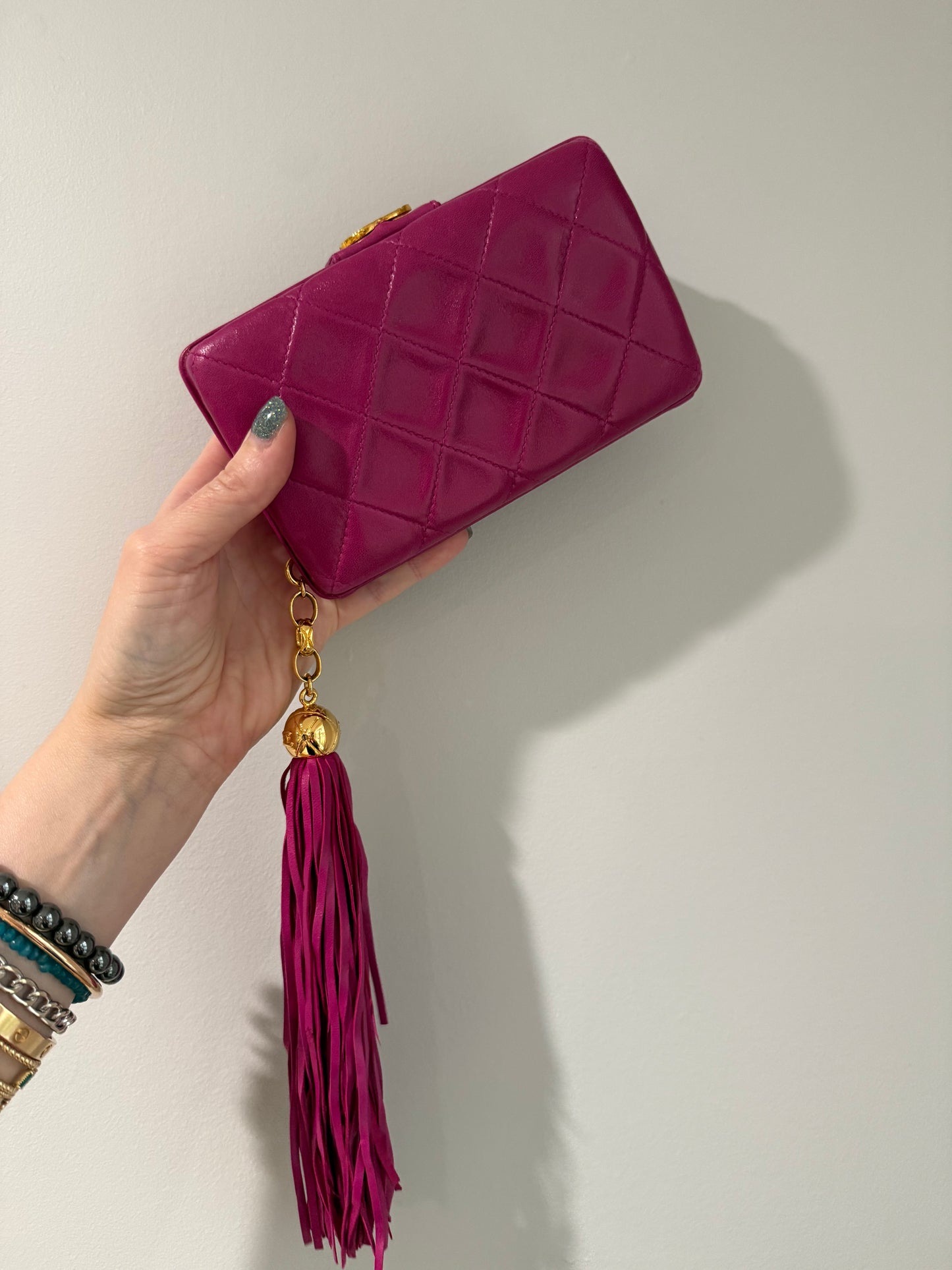 Chanel 80s Fuschia Lambskin Clutch with leather tassel