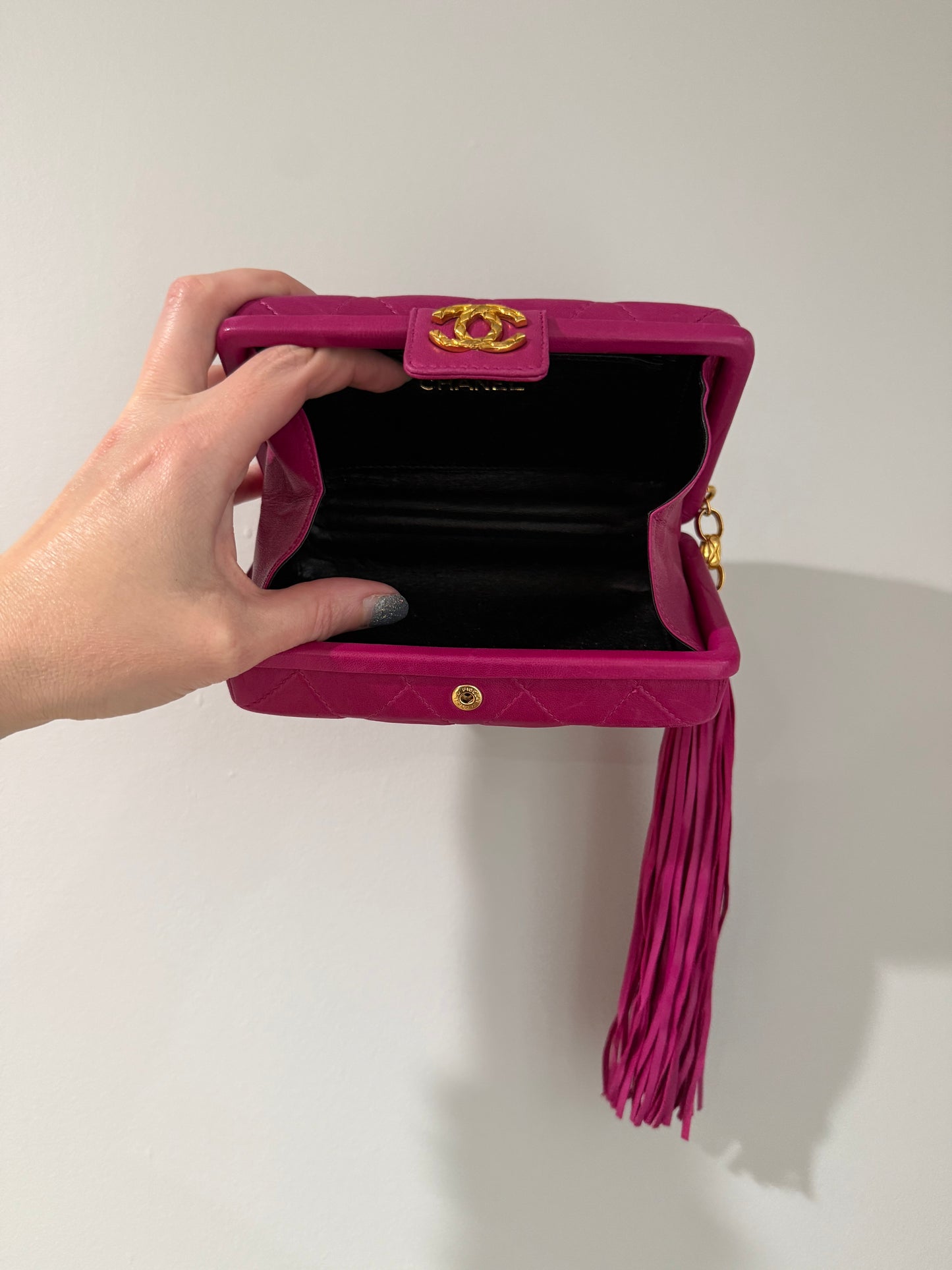 Chanel 80s Fuschia Lambskin Clutch with leather tassel