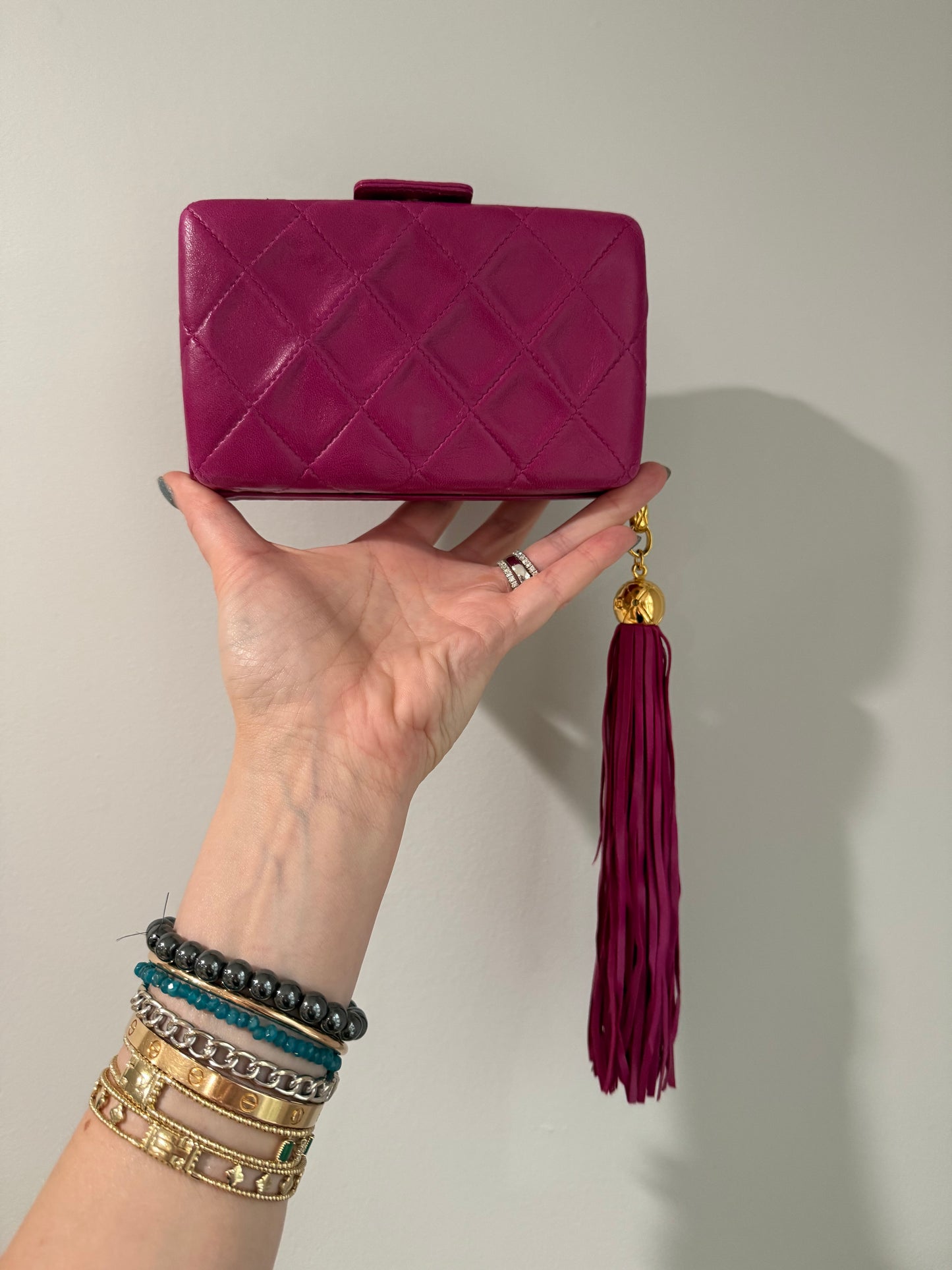 Chanel 80s Fuschia Lambskin Clutch with leather tassel