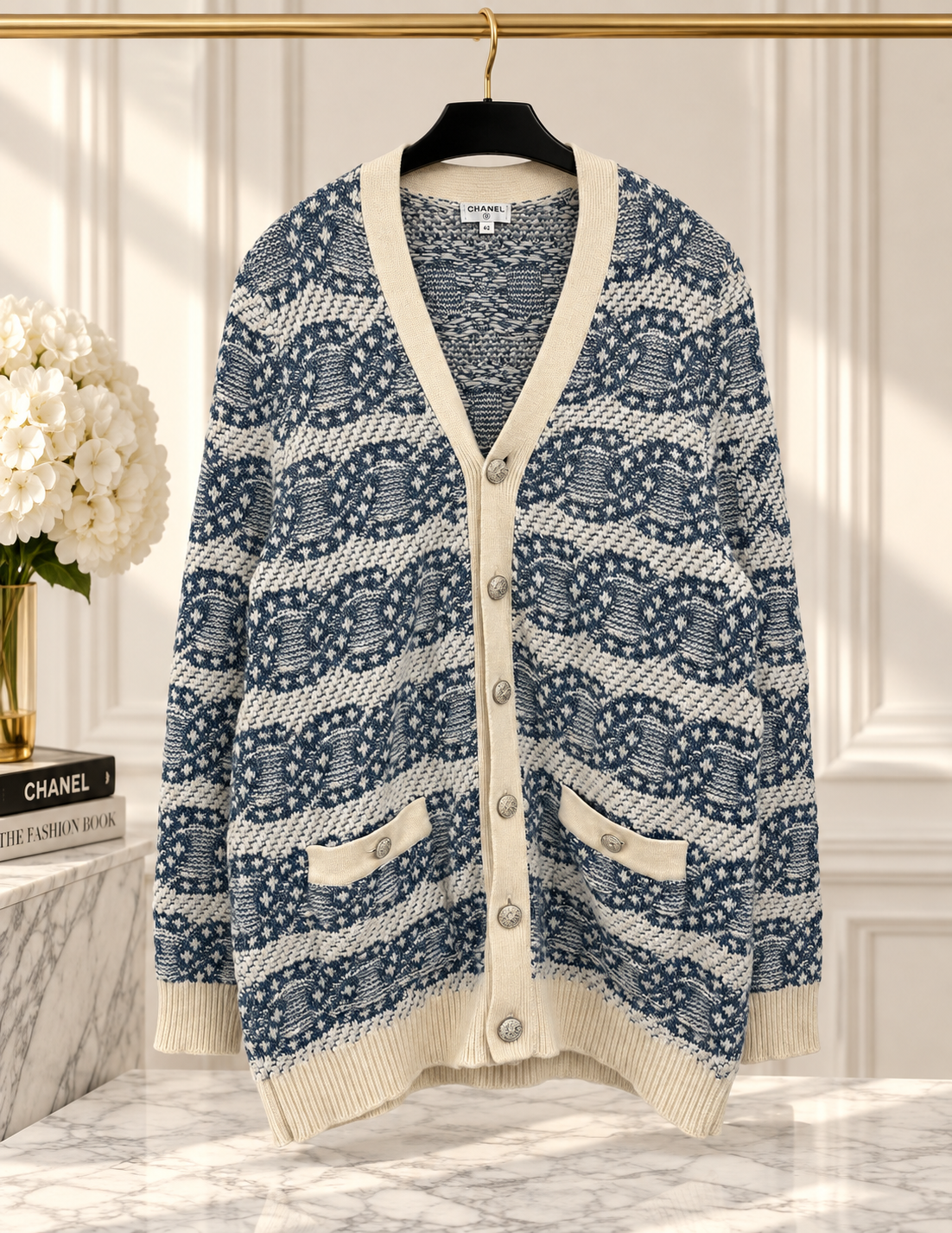 CHANEL 20P Cardigan 42 Cashmere Beige Blue