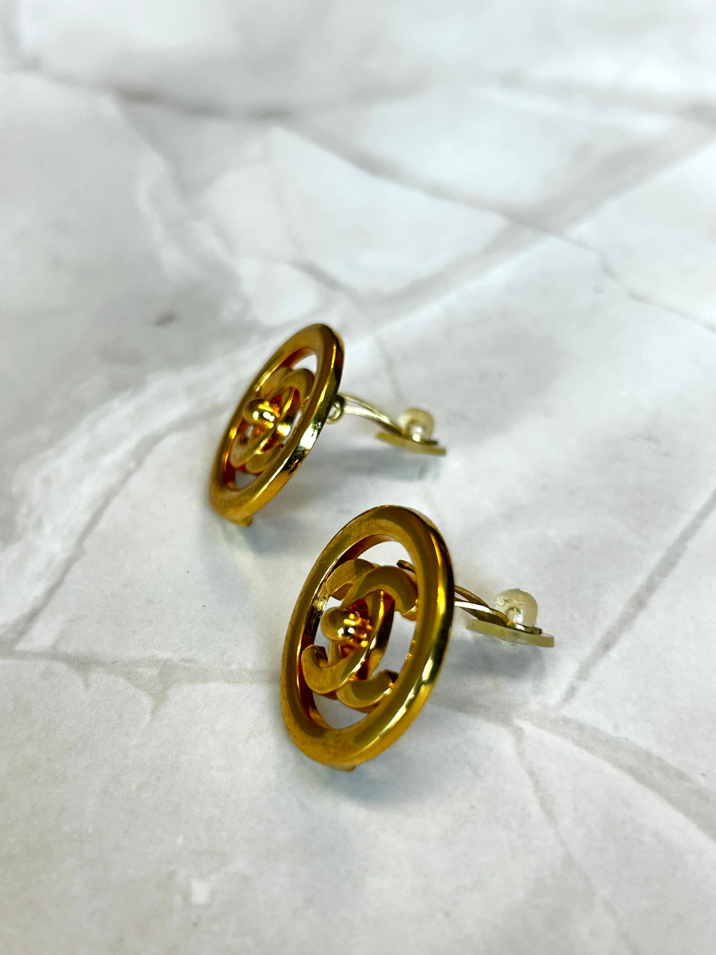 Chanel Turnlock Button Earrings 24K Gold Plated 97P