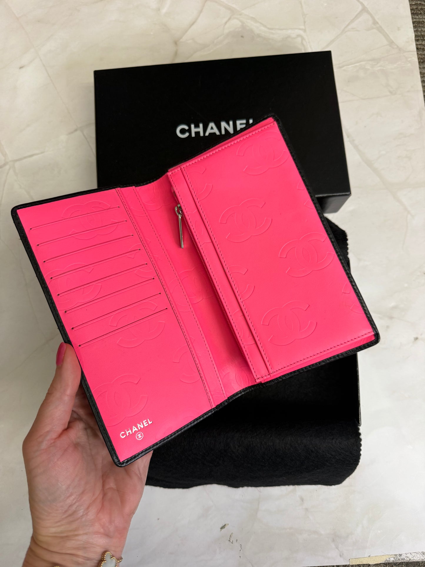 Vintage Chanel Cambon Wallet Black with Pink Interior Full set