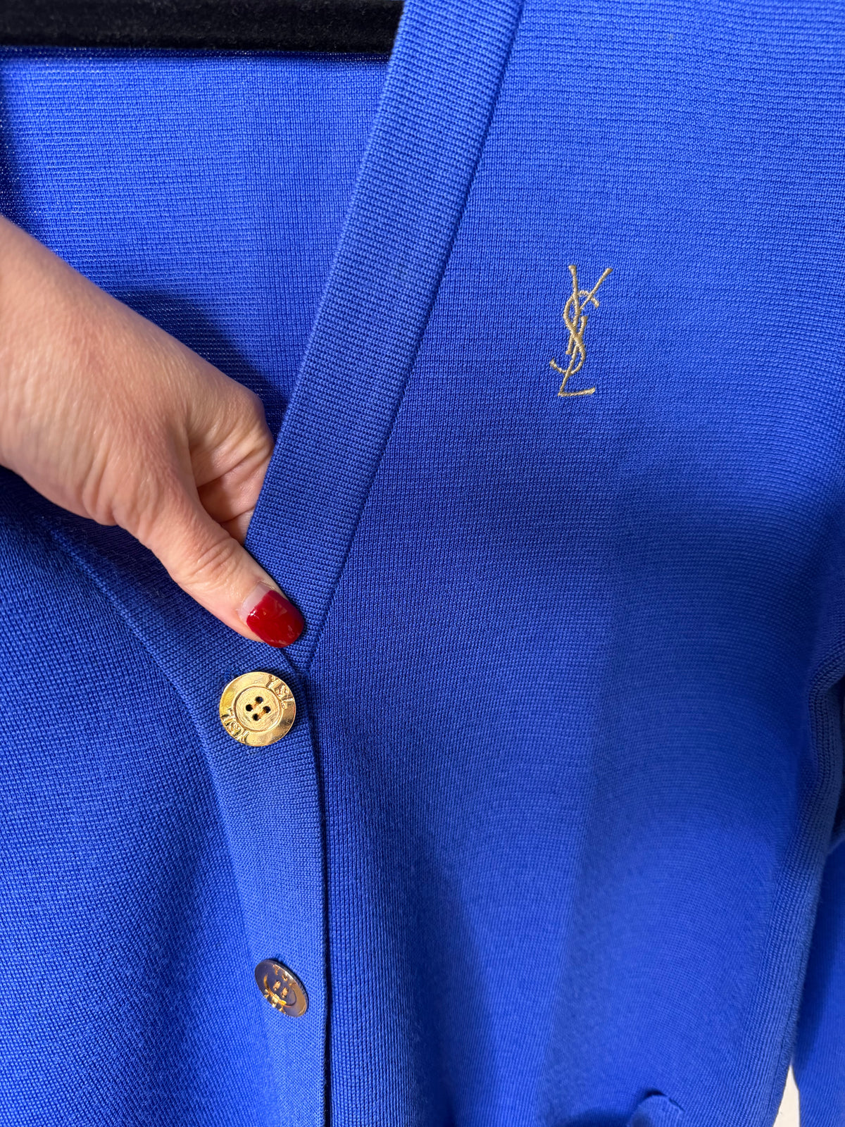 YSL Logo Knit Cardigan in Blue with Gold Buttons