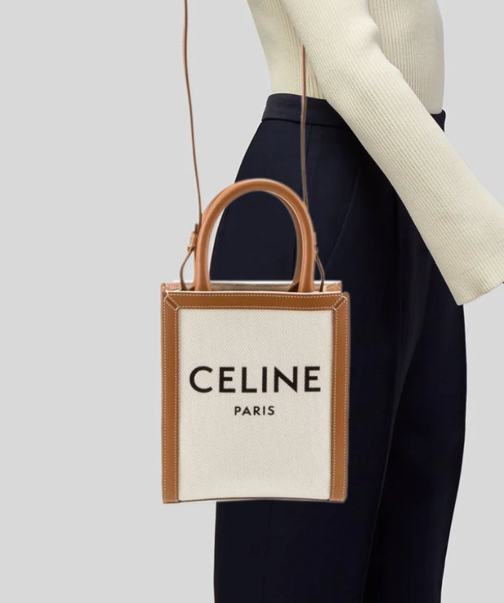 CELINE Mini Vertical Cabas Canvas & Leather Tote/Crossbody - Camel & Cream