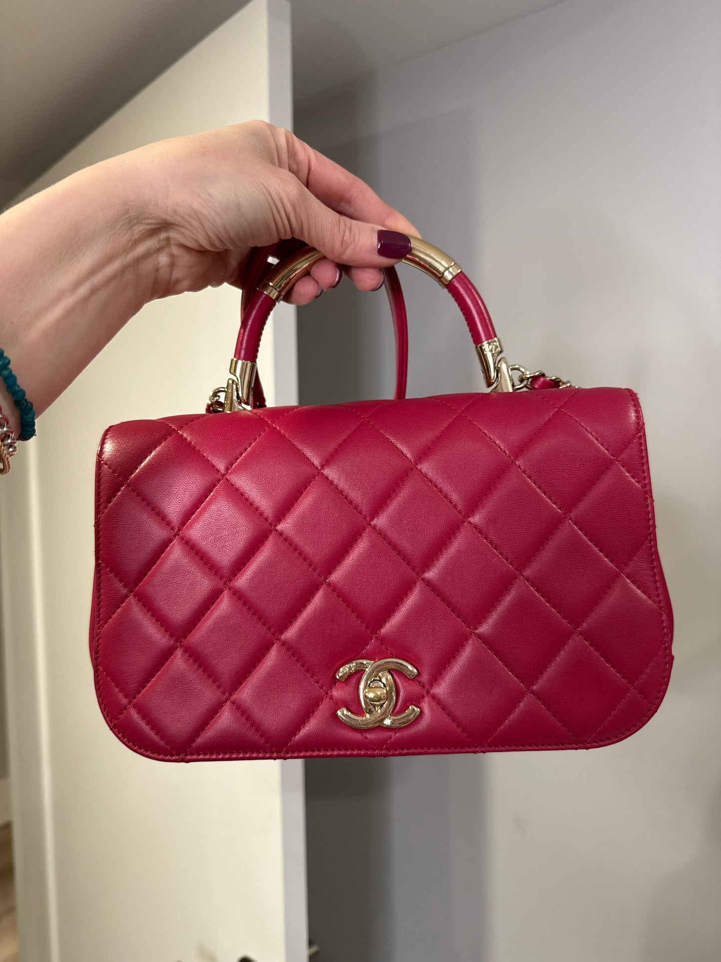 CHANEL Lambskin Small Carry Chic Flap Dark Pink
