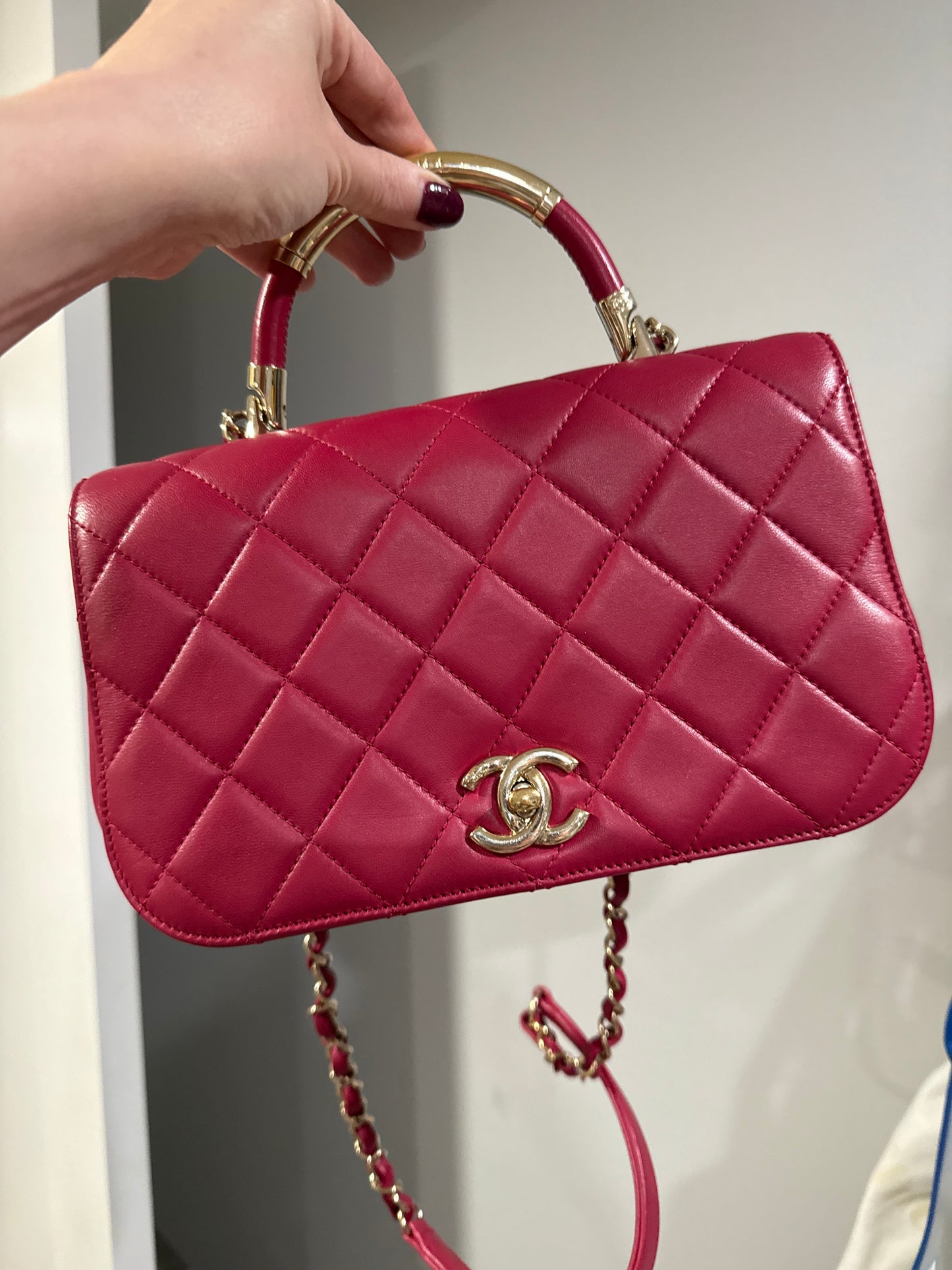 CHANEL Lambskin Small Carry Chic Flap Dark Pink