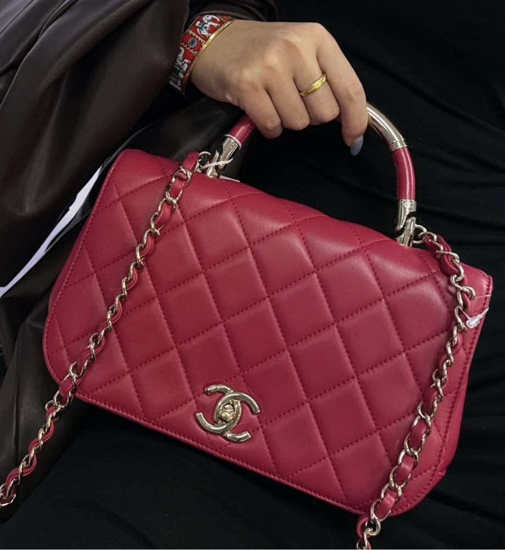 CHANEL Lambskin Small Carry Chic Flap Dark Pink