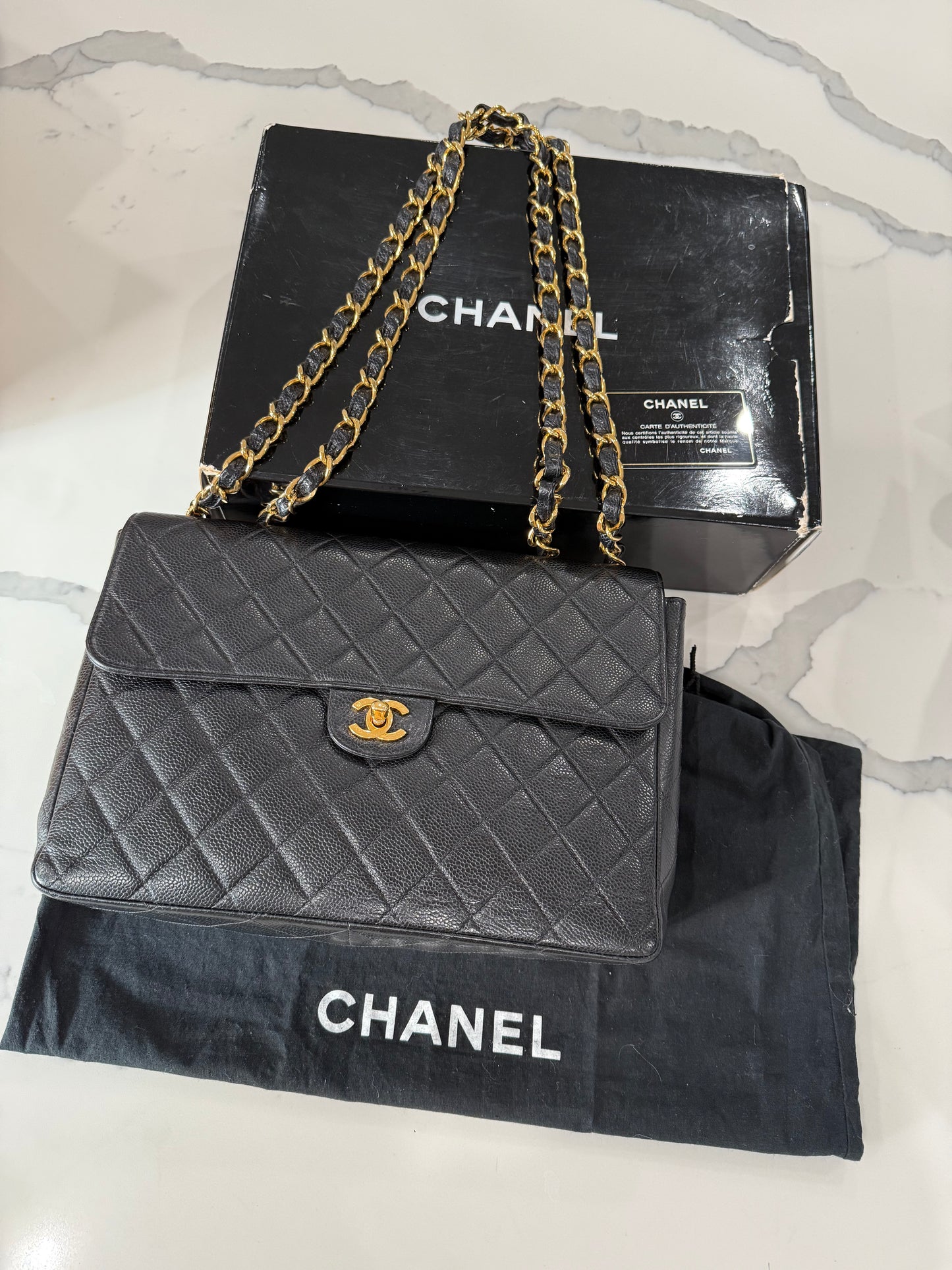 Chanel vintage flap Jumbo Caviar Leather full set