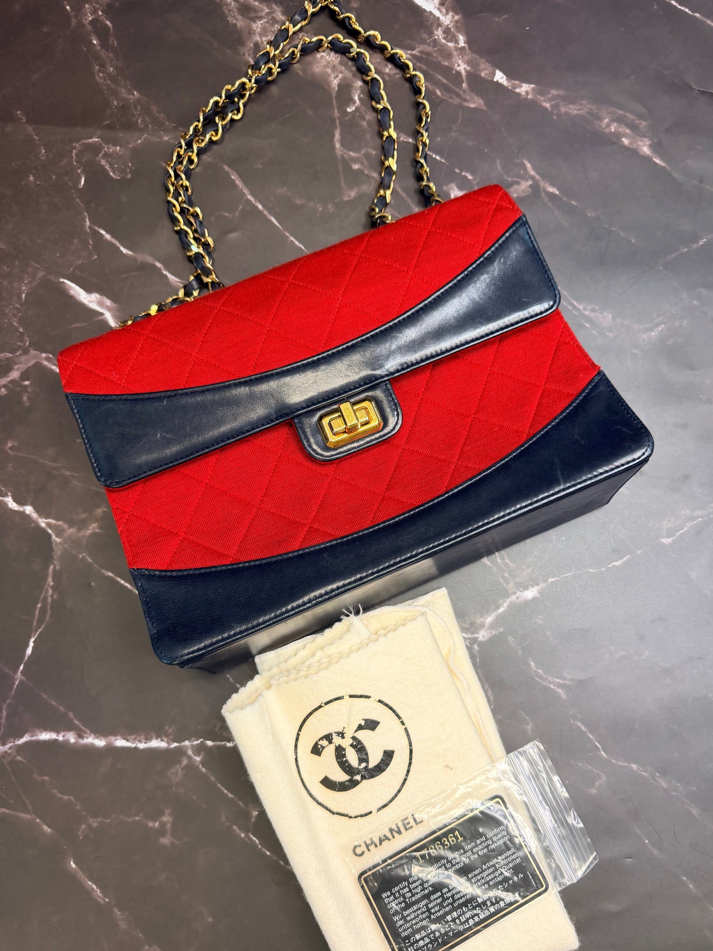CHANEL Vintage Series 1 Flap Bag, Red Jersey Navy Leather GHW Comes W Card & COA