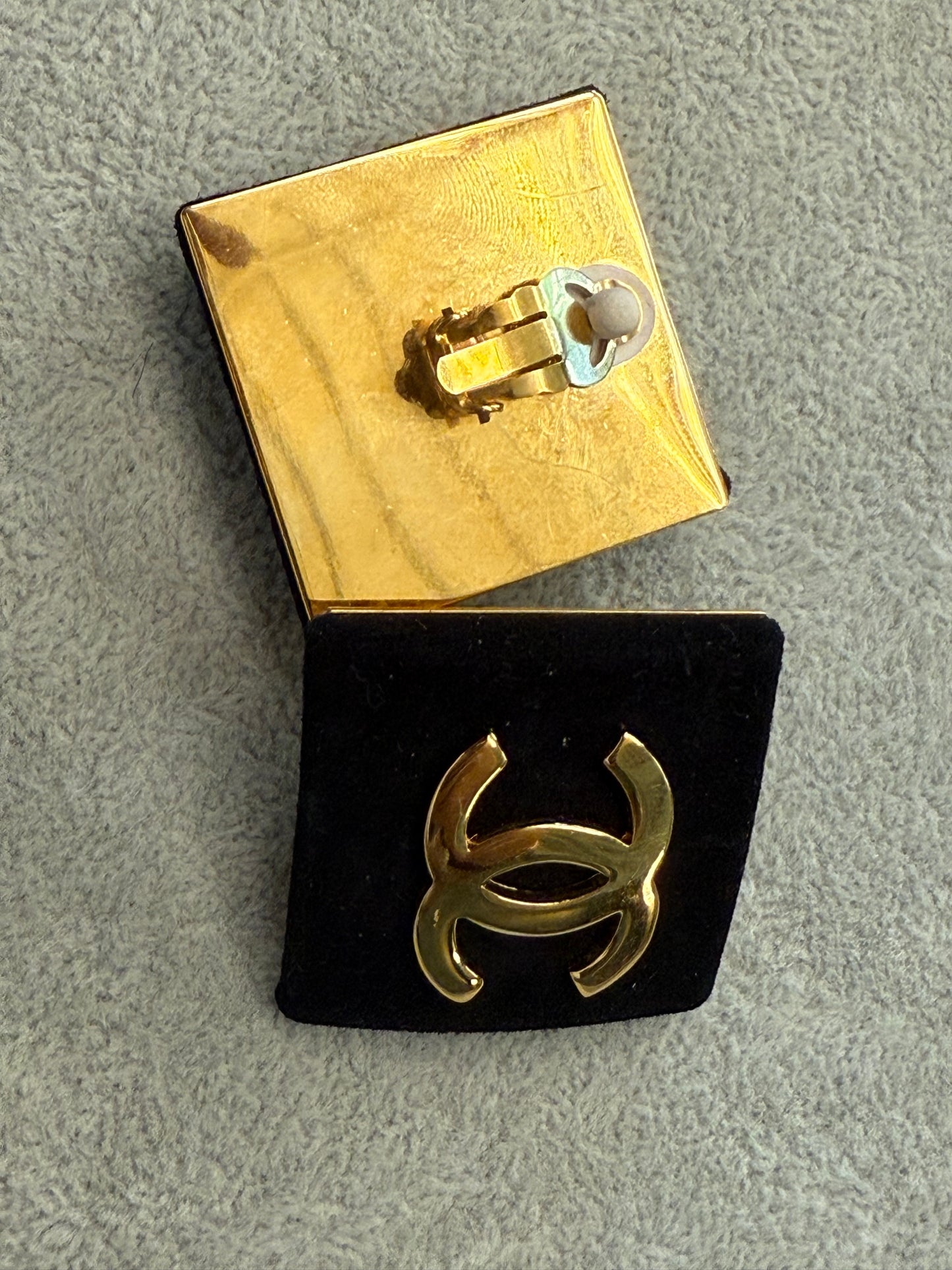 Chanel Black Suede and Gold Metal CC Square Earrings, 1992