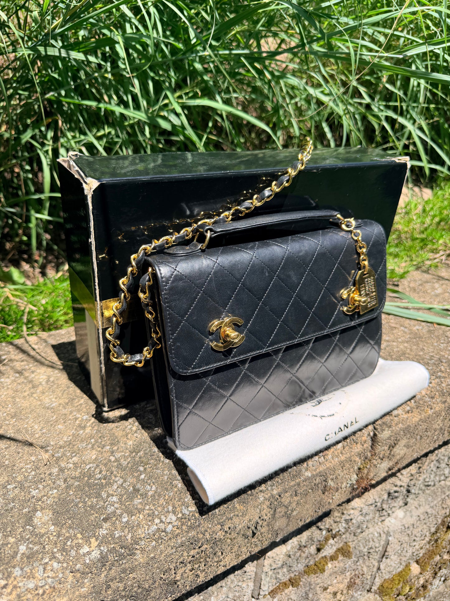 Vintage Chanel Double Turnlock Matelasse Chain Shoulder Hand bag lambskin GHW