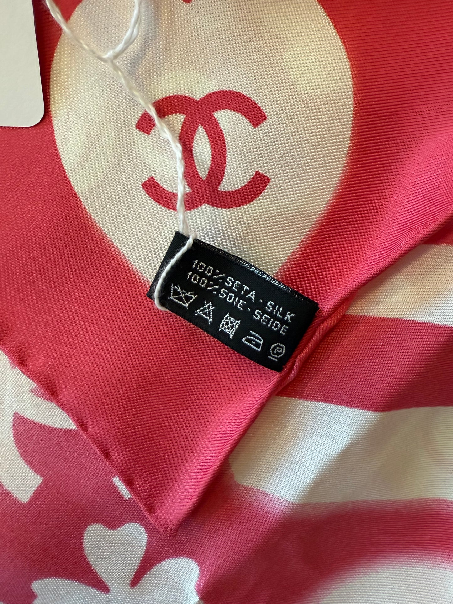 CHANEL LOGO CC CAMELIA SQUARE 90 PINK SILK SCARF 2019