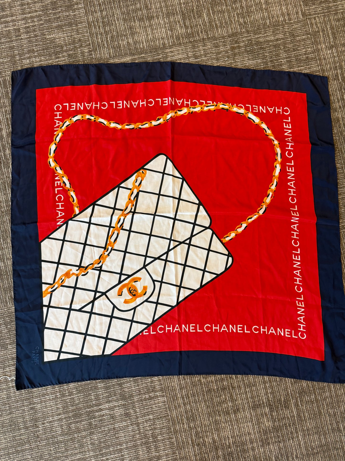 Vintage Chanel Paris Red and White Purse Design Silk Scarf