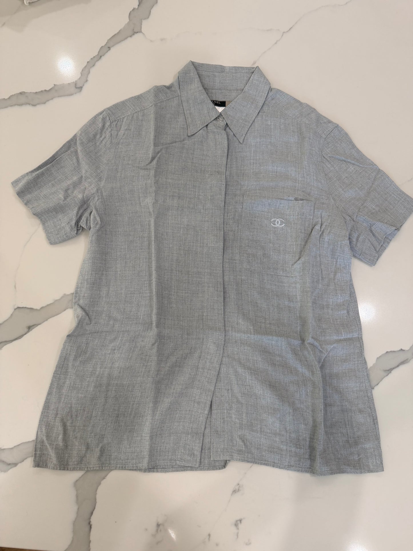 Chanel Grey Short sleeve button down with logo