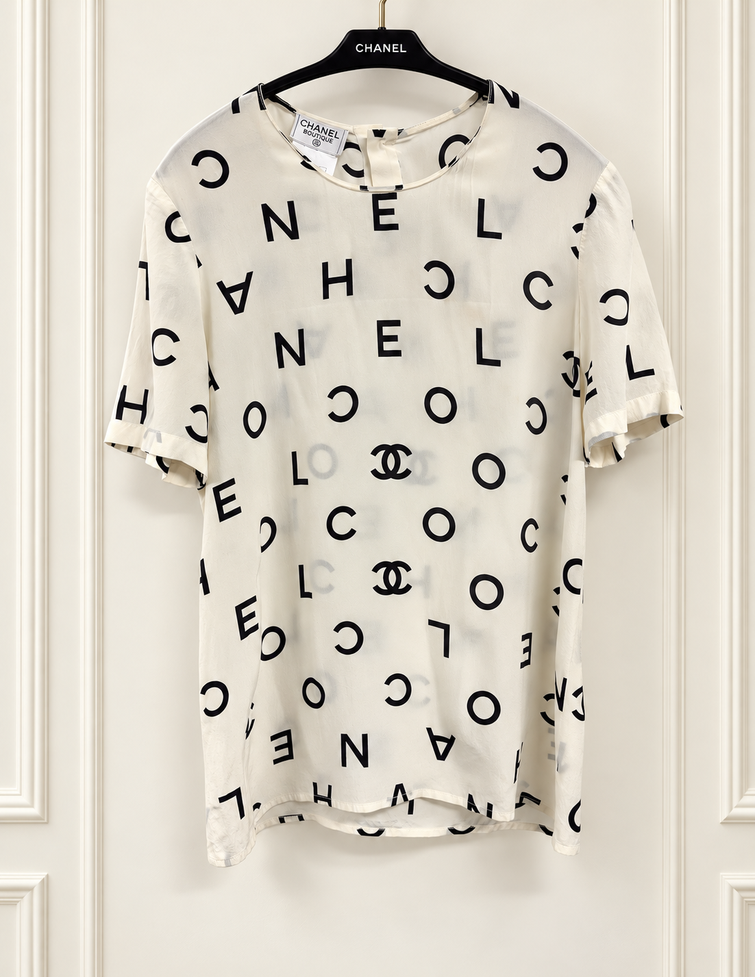 Chanel Alphabet Soup Cream Silk Short Sleeve Blouse Fr 40