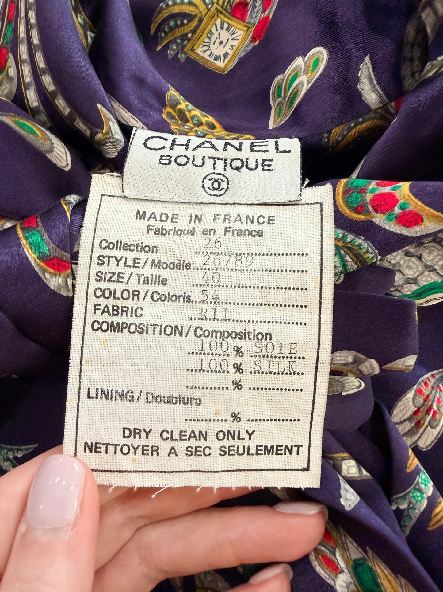 Chanel Silk 1991 Rare Clock motif Blouse in Fr 40