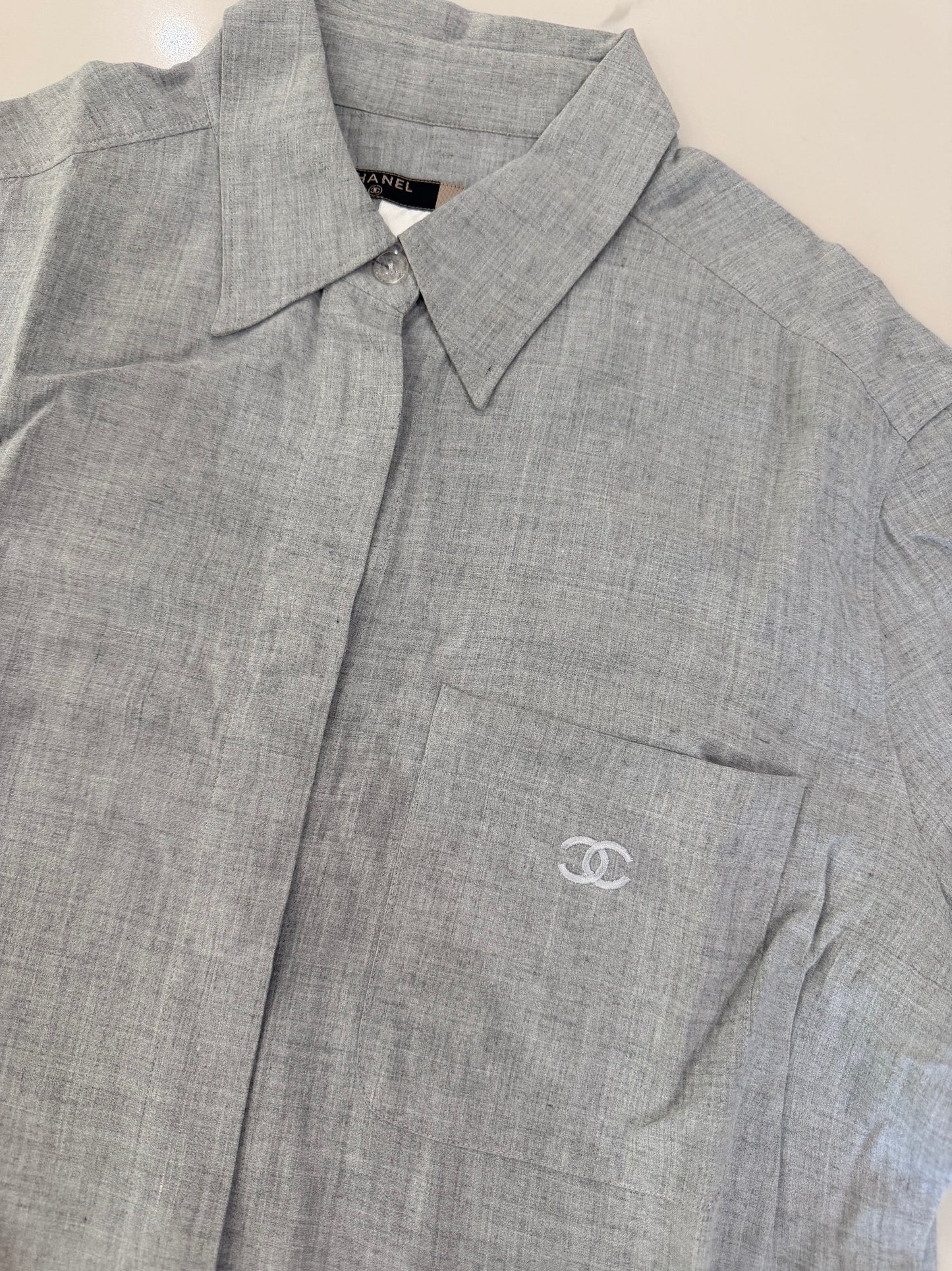 Chanel Grey Short sleeve button down with logo