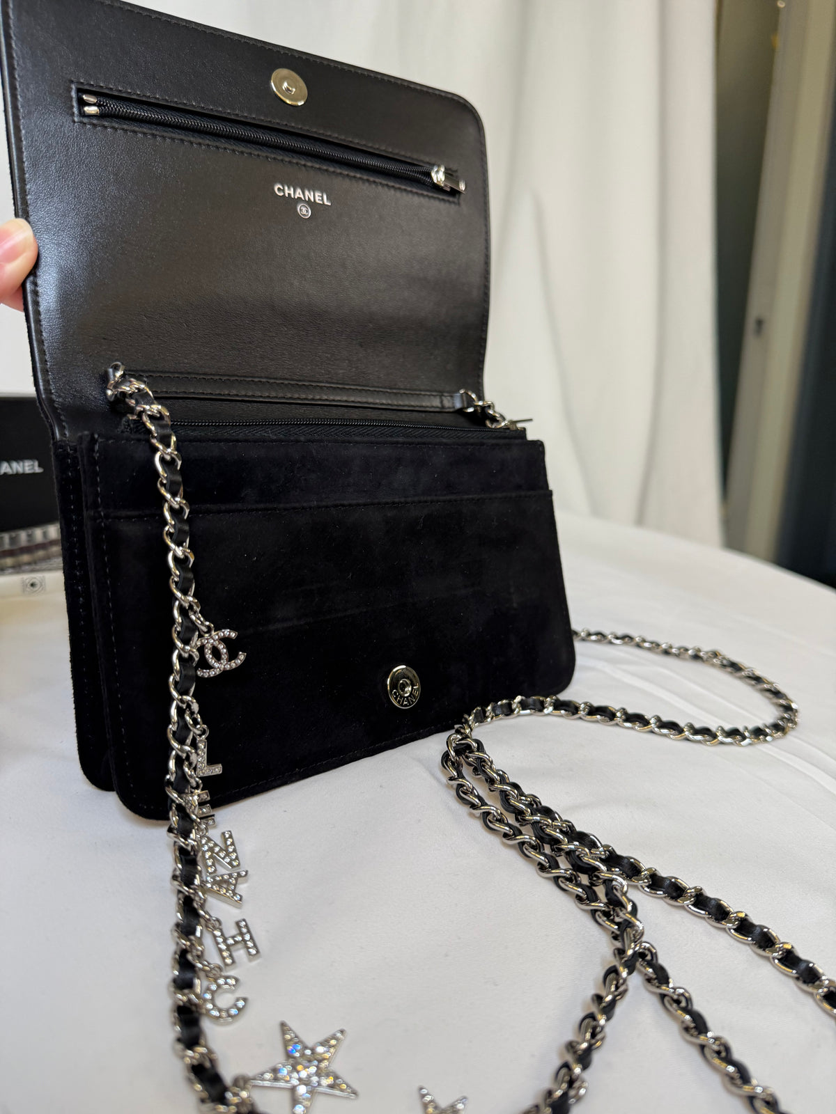 CHANEL Pre-Owned 2019 Quilted Suede Cocostellar Wallet on Chain crossbody bag