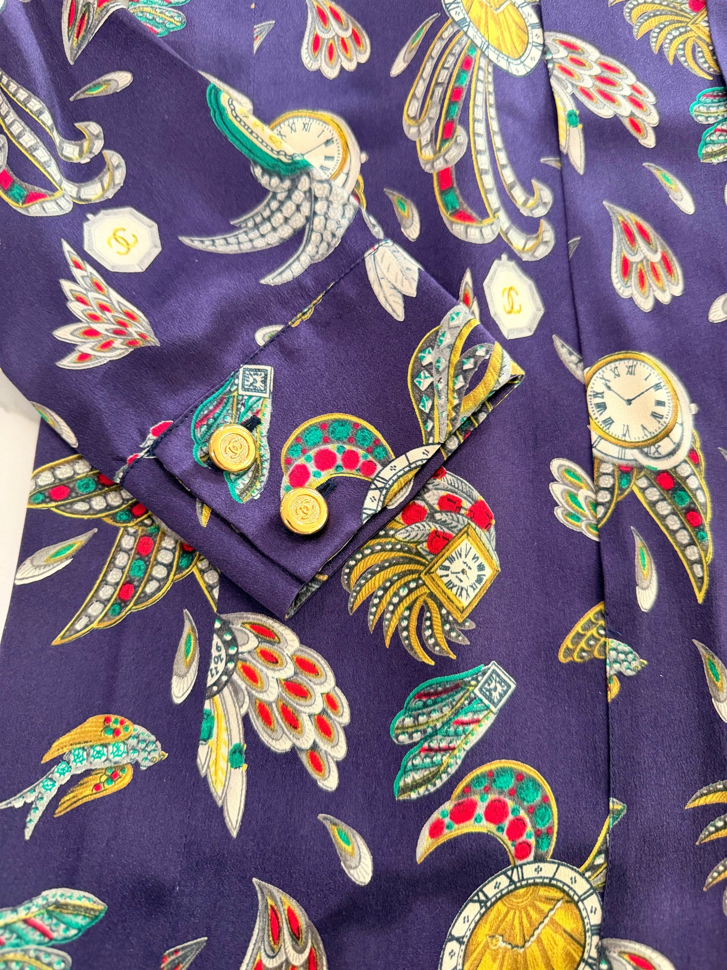 Chanel Silk 1991 Rare Clock motif Blouse in Fr 40