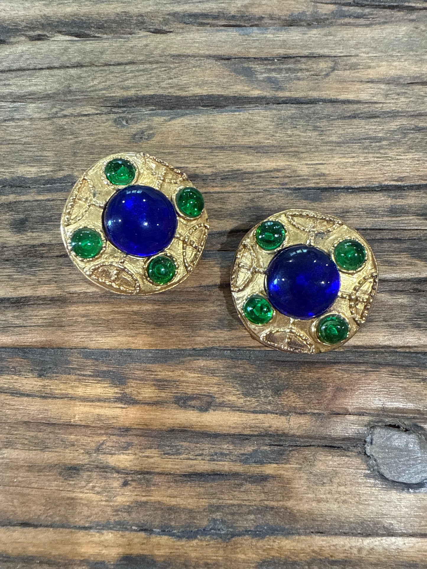 CHANEL Green & Blue Gripoix Gold Plated Paris Maison Clip On Earrings 1980's