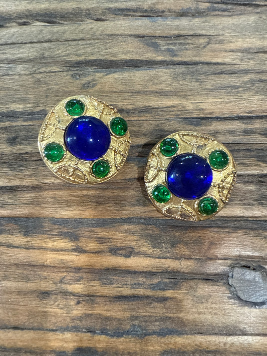 CHANEL Green & Blue Gripoix Gold Plated Paris Maison Clip On Earrings 1980's