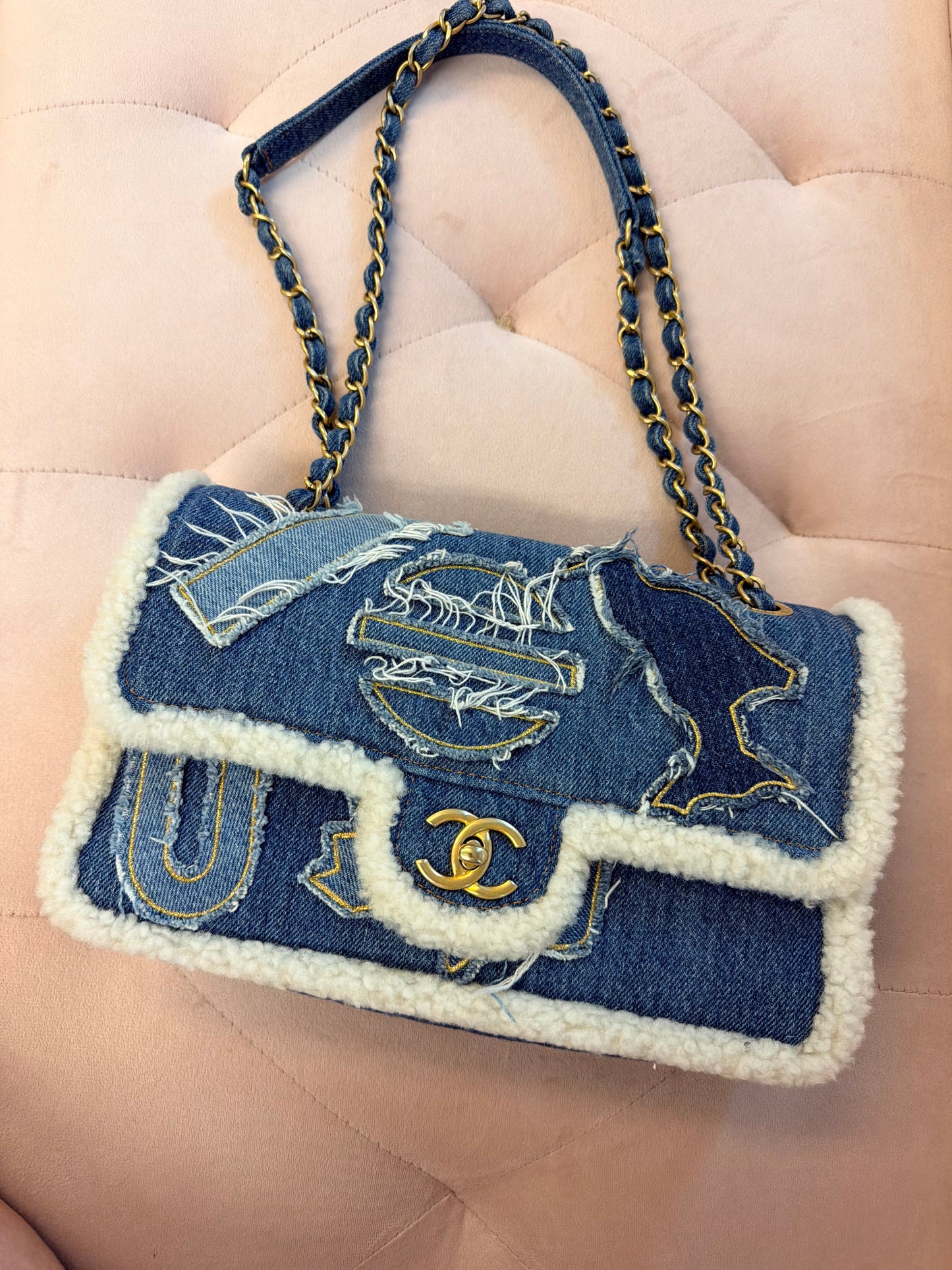 CHANEL 19A EGYPTIAN DENIM BLUE SHEARLING HIEROGLYPHIC MEDIUM FLAP BAG PARIS-NY GHW