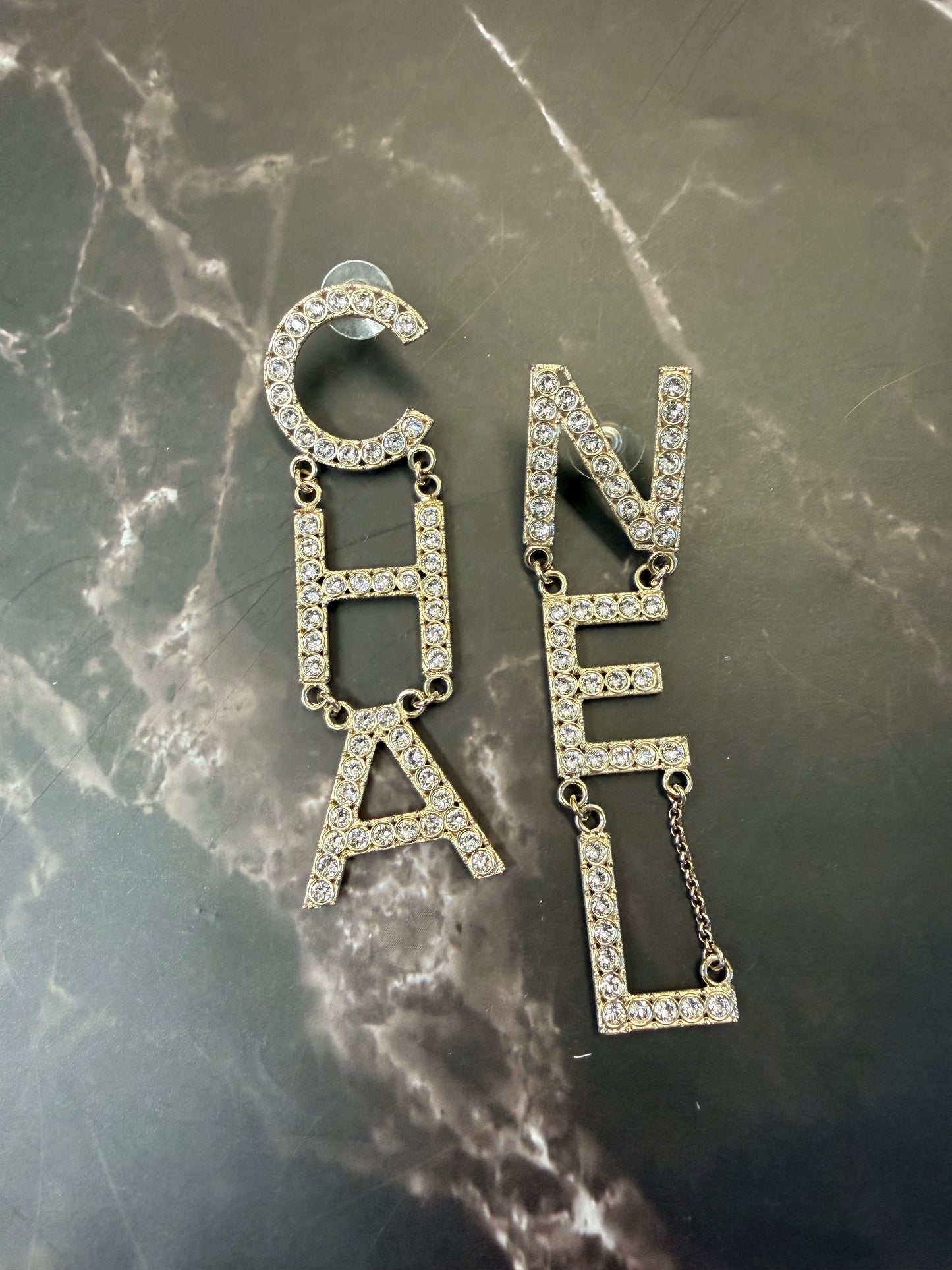 Chanel Strass “CHA-NEL” drop earrings