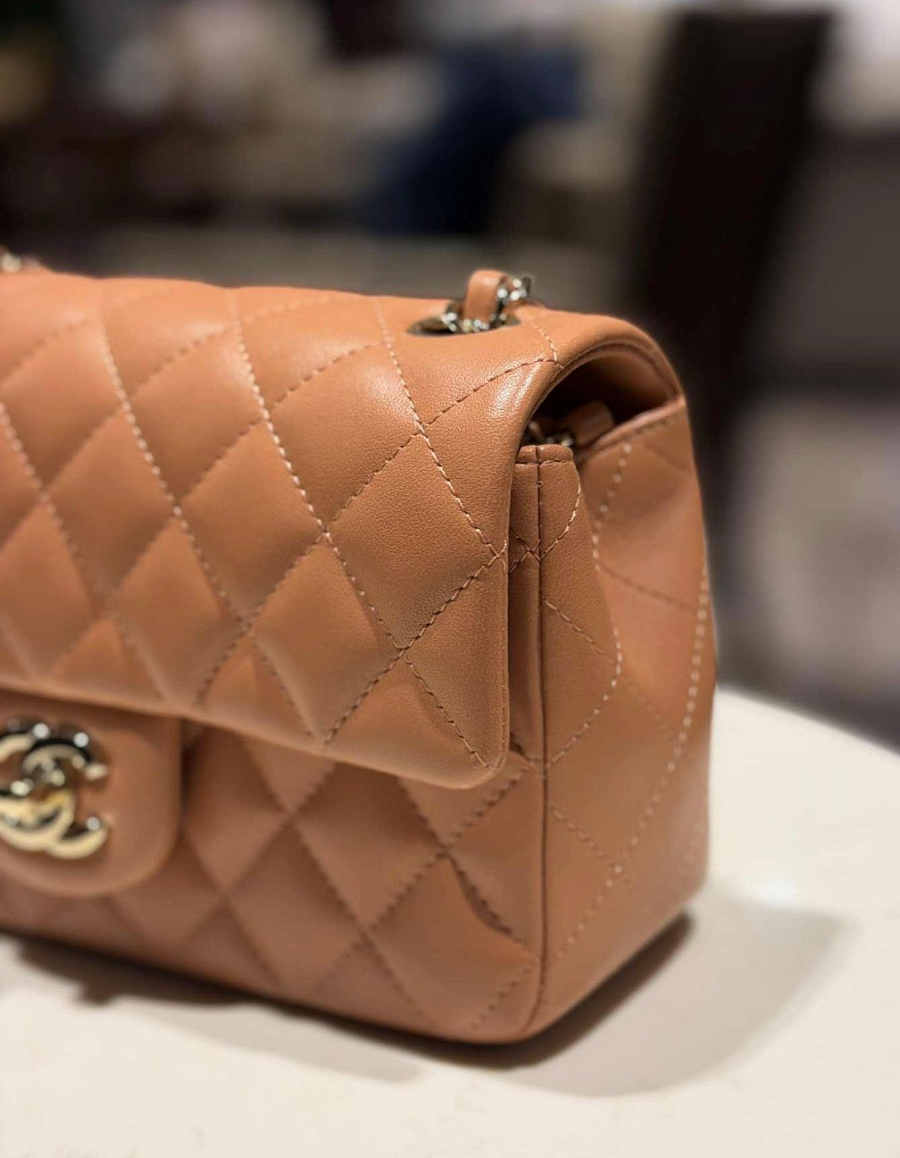 CHANEL Lambskin Quilted Mini Rectangular Flap Brown/Peach