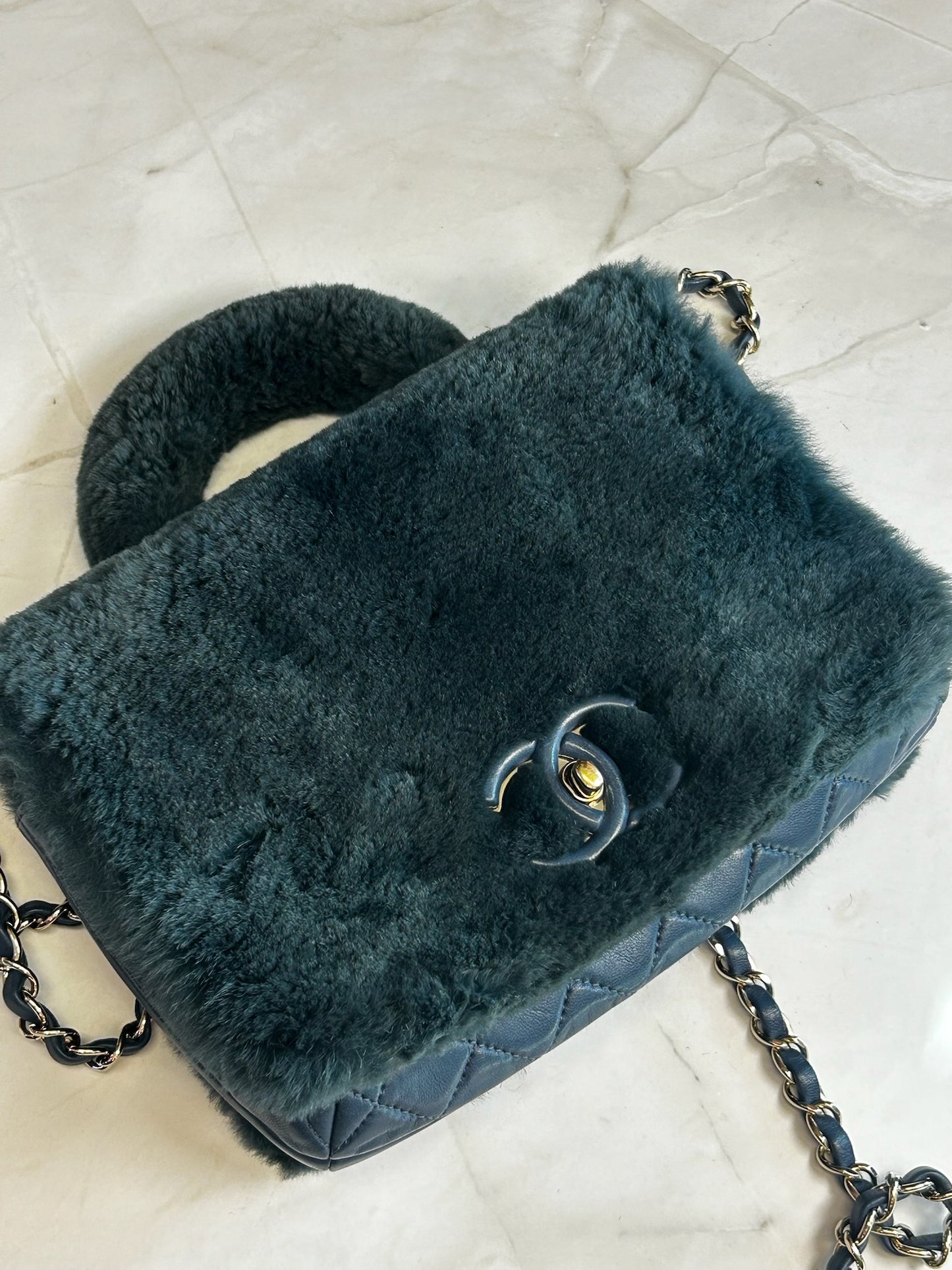 Chanel 2017 Metiers D'Art Lambskin/Rabbit Fur Top Handle Flap with Gold Hardware