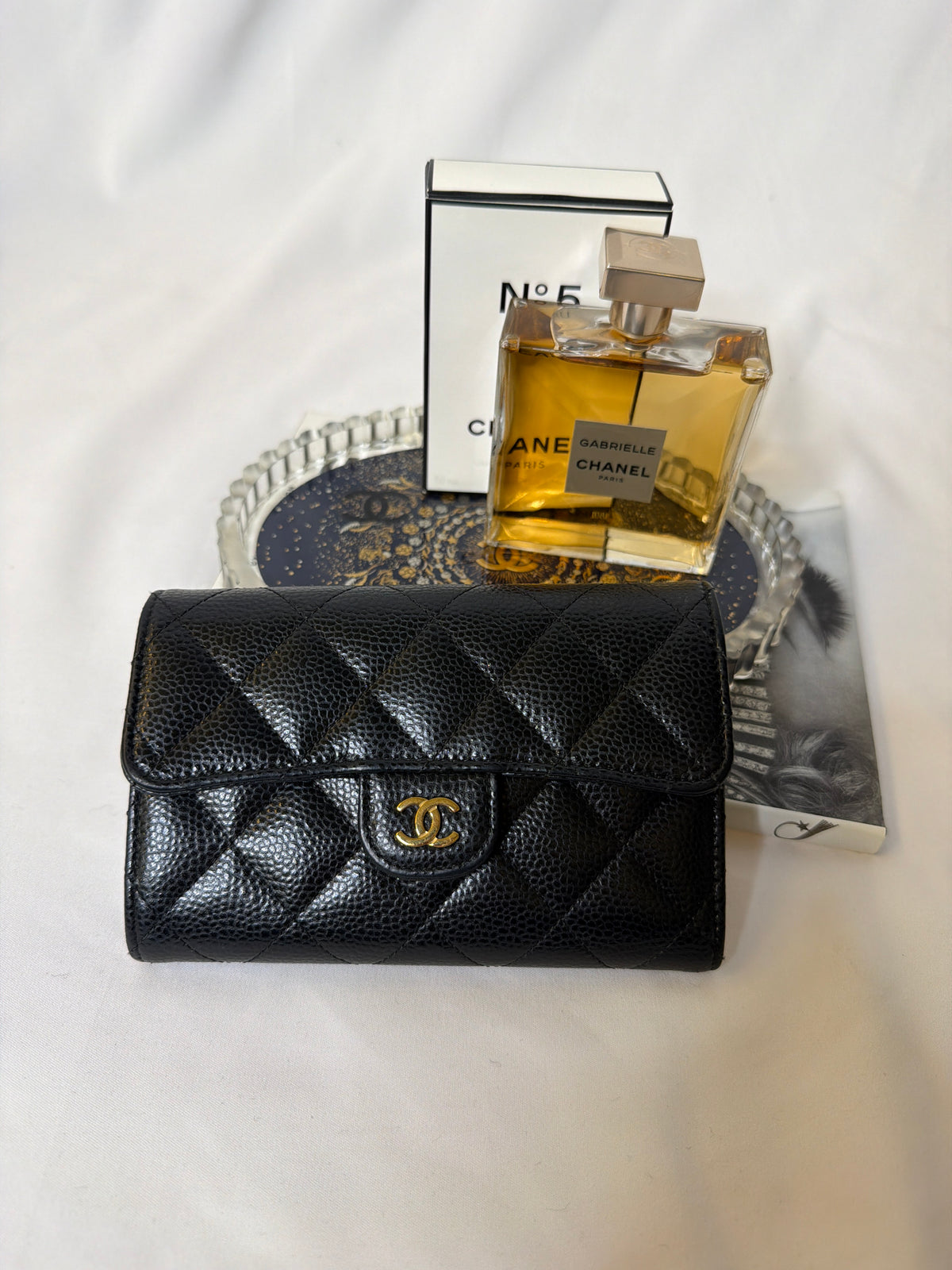 Chanel Medium Caviar Trifold wallet in black with gold hardware