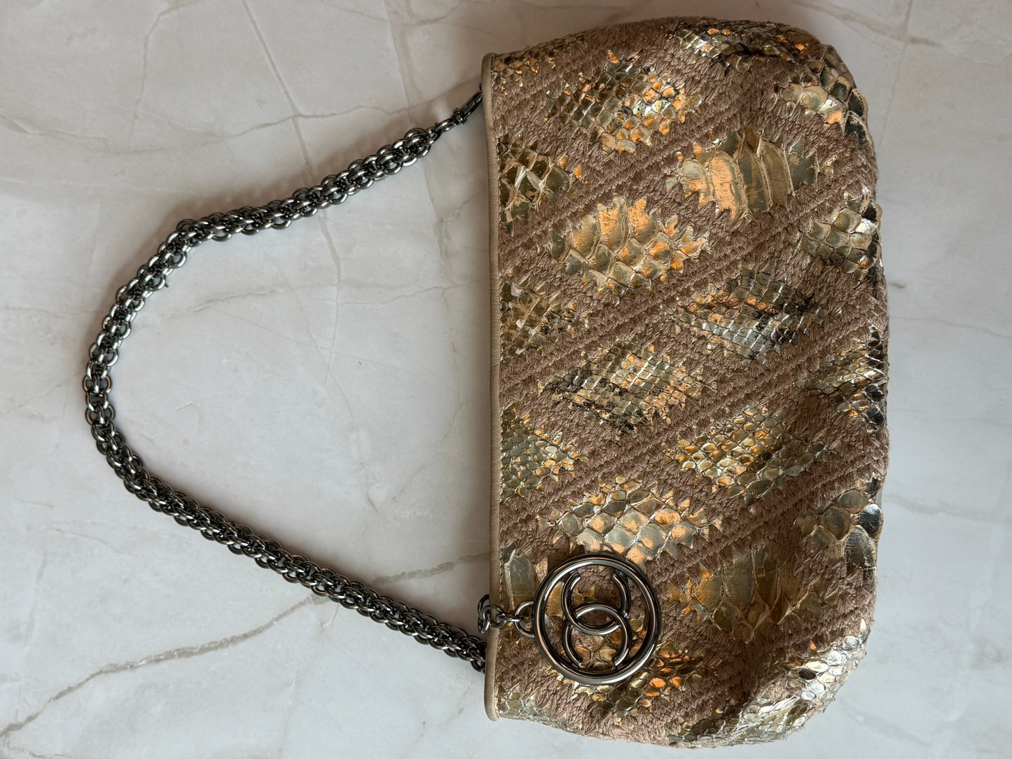 Chanel Gold Python Clutch with gunmetal hardware and big logo zipper pull