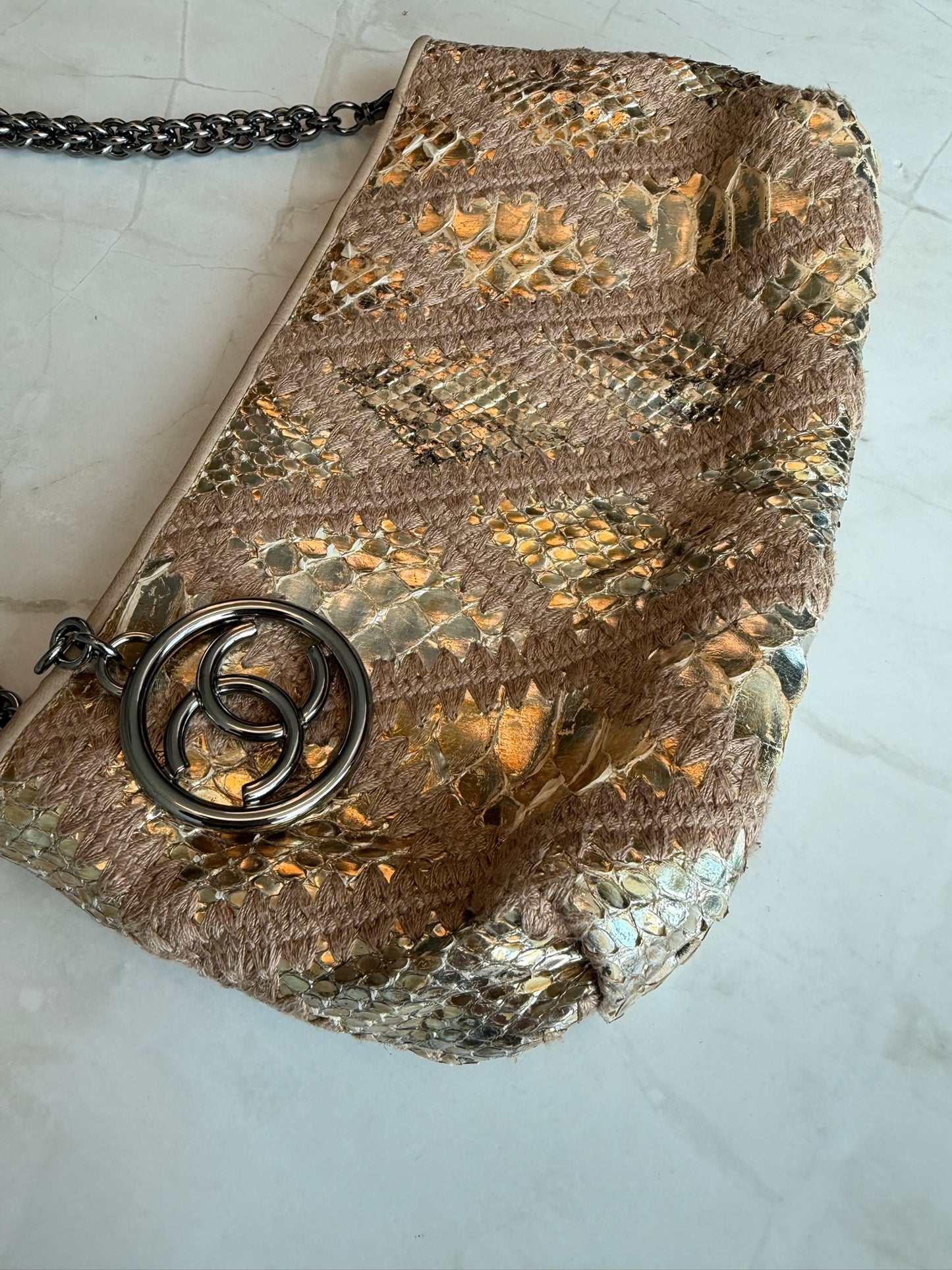 Chanel Gold Python Clutch with gunmetal hardware and big logo zipper pull