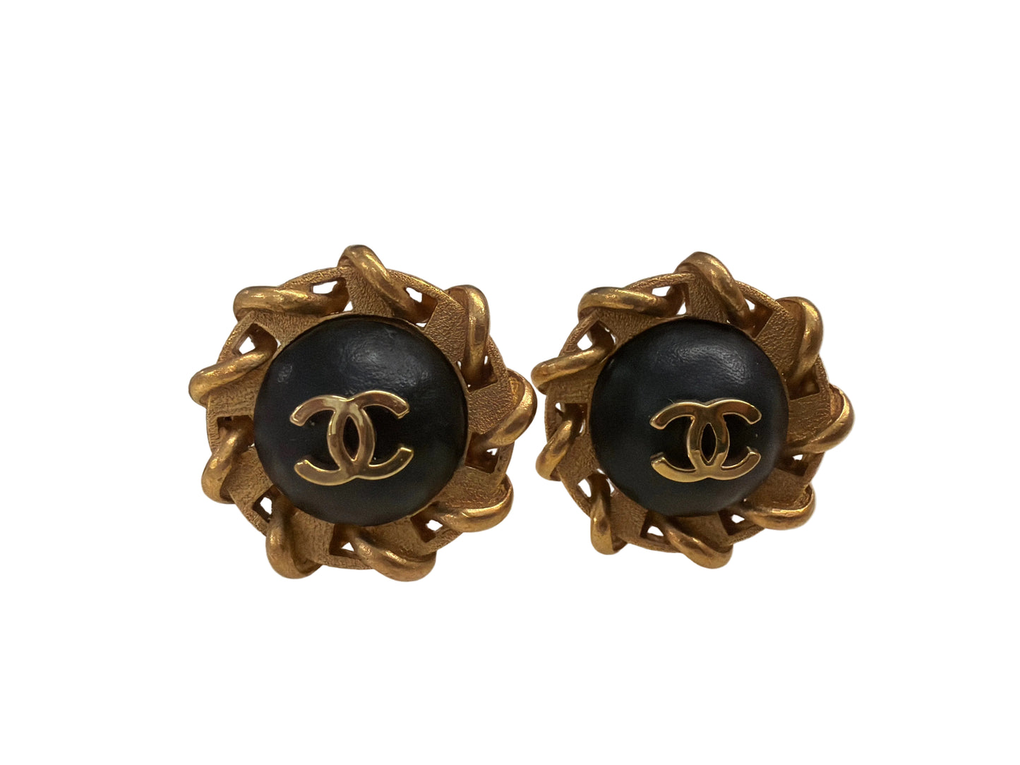 Chanel 95P black leather with 24k gold plated clip on earrings