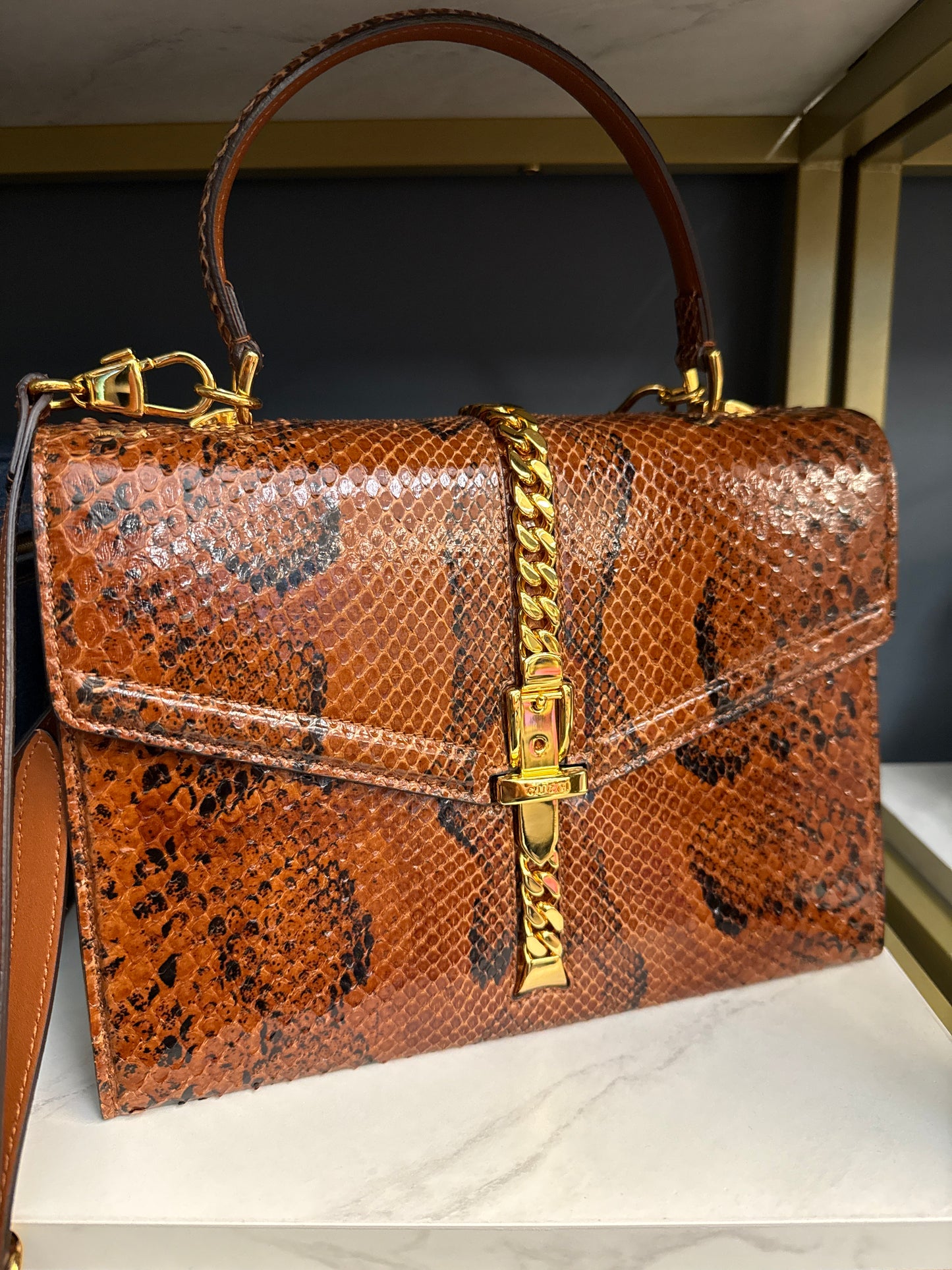 Gucci. Brown python skin Sylvie 1969 tote bag