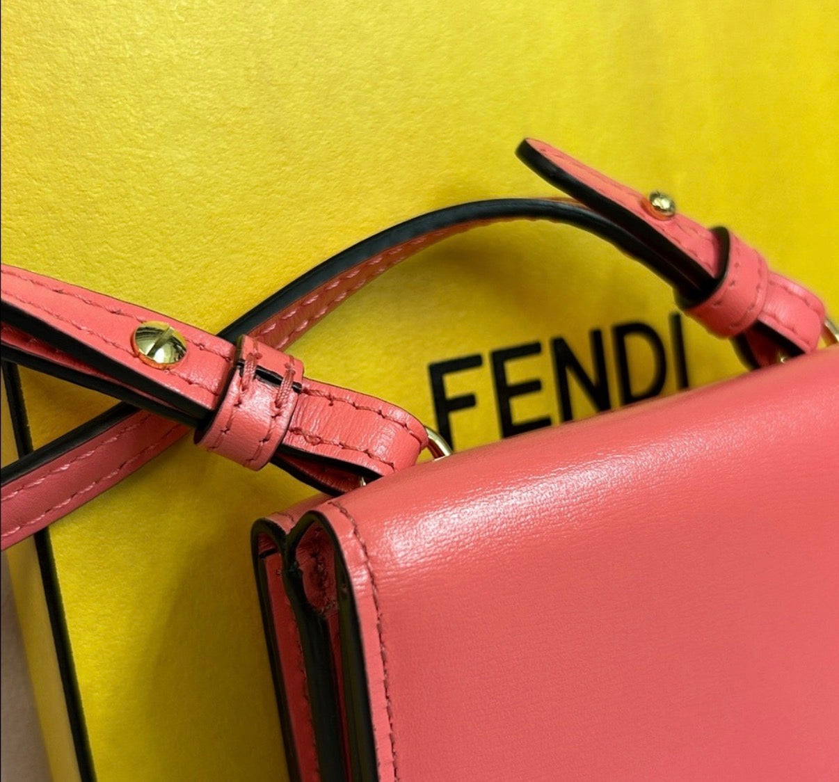 Fendi Mini Baguette Wallet on Strap – Coral Pink with Gold Hardware