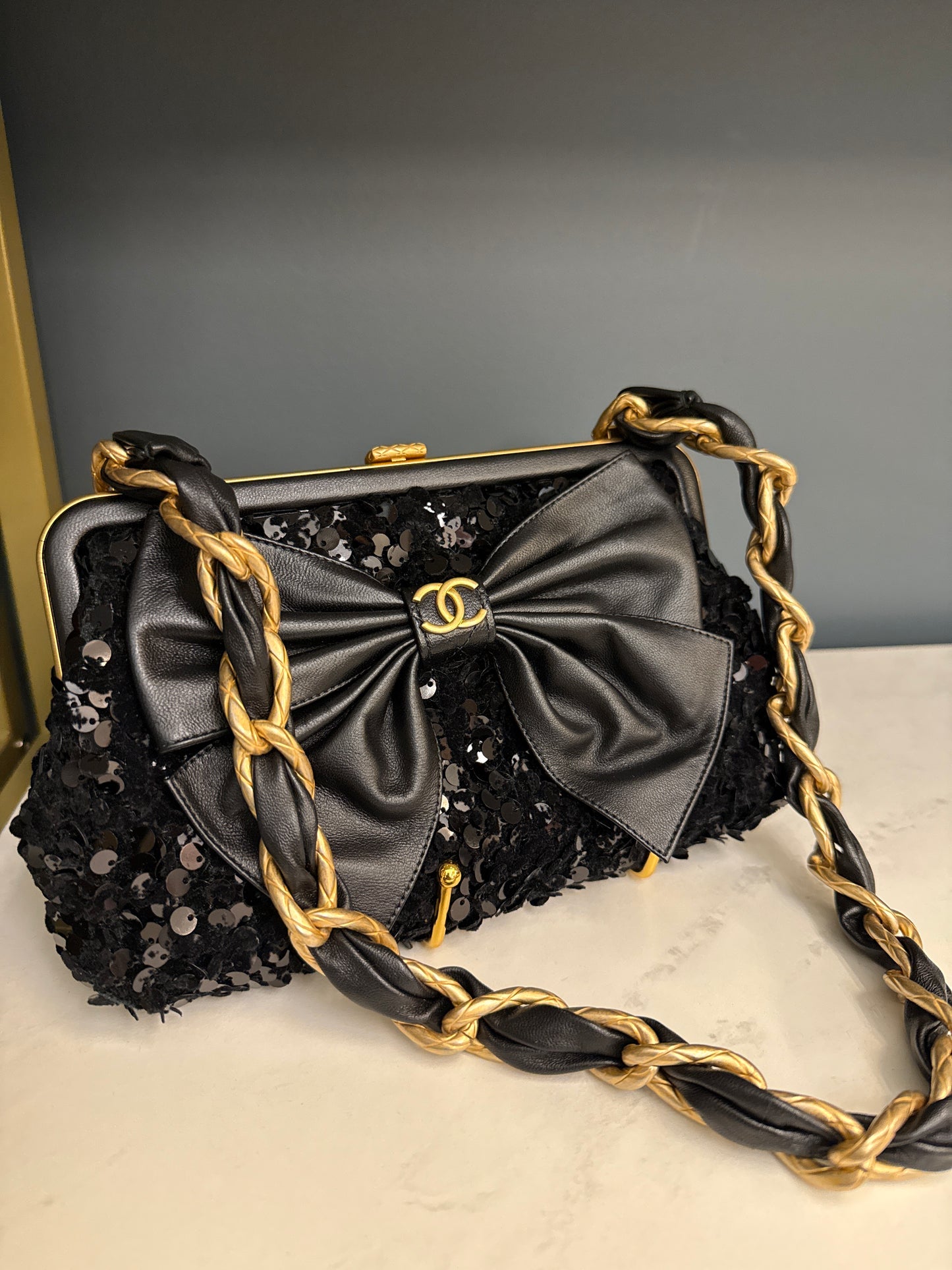 Chanel Black Lambskin Tweed Sequin Bow Clutch With Chain Aged Gold Hardware