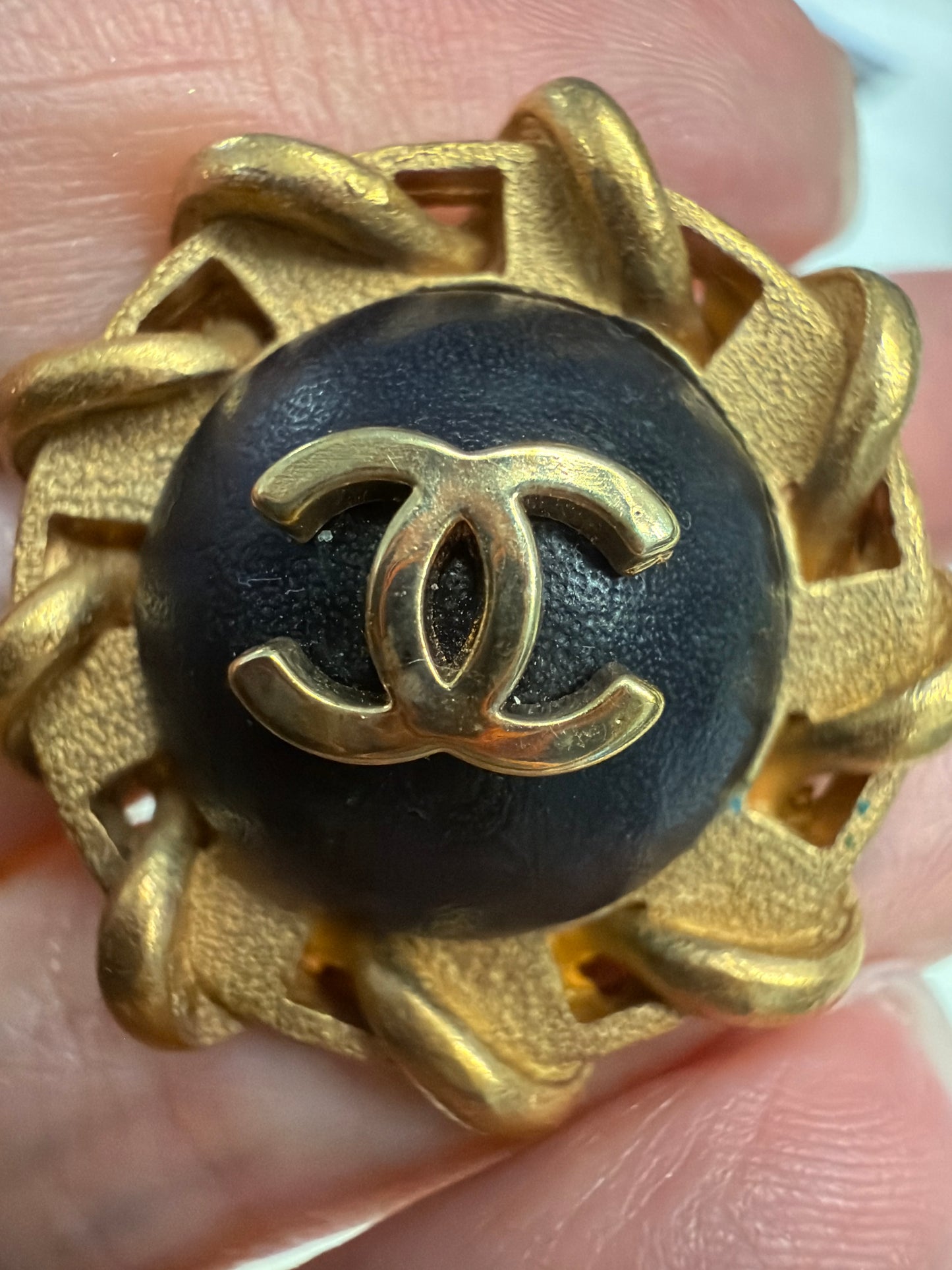 Chanel 95P black leather with 24k gold plated clip on earrings
