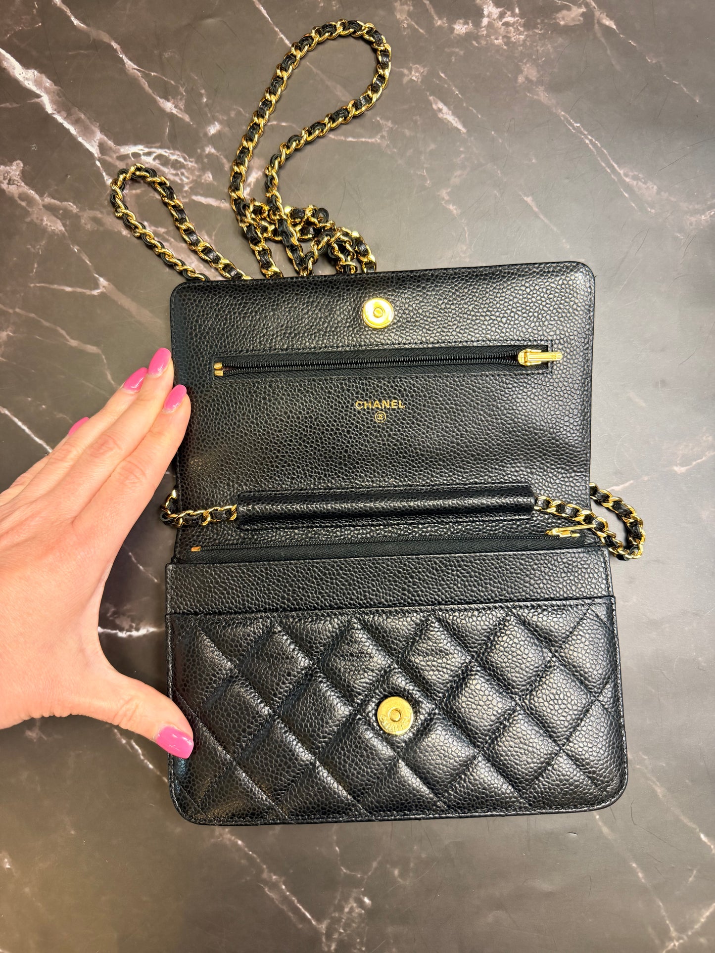 Chanel Black Caviar Classic Quilted Wallet On Chain (WOC) with Gold Hardware
