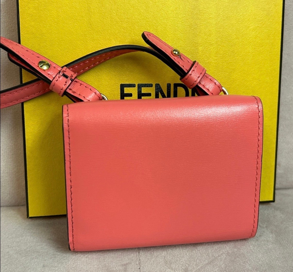 Fendi Mini Baguette Wallet on Strap – Coral Pink with Gold Hardware
