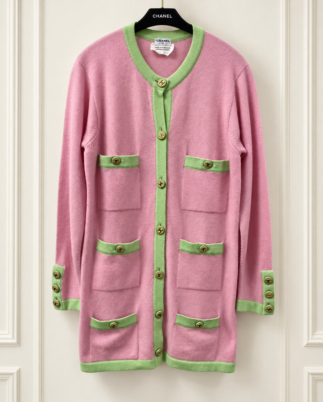 Vintage CHANEL Cashmere Knit Pink Melon Green Trim CC Logo Button Cardigan