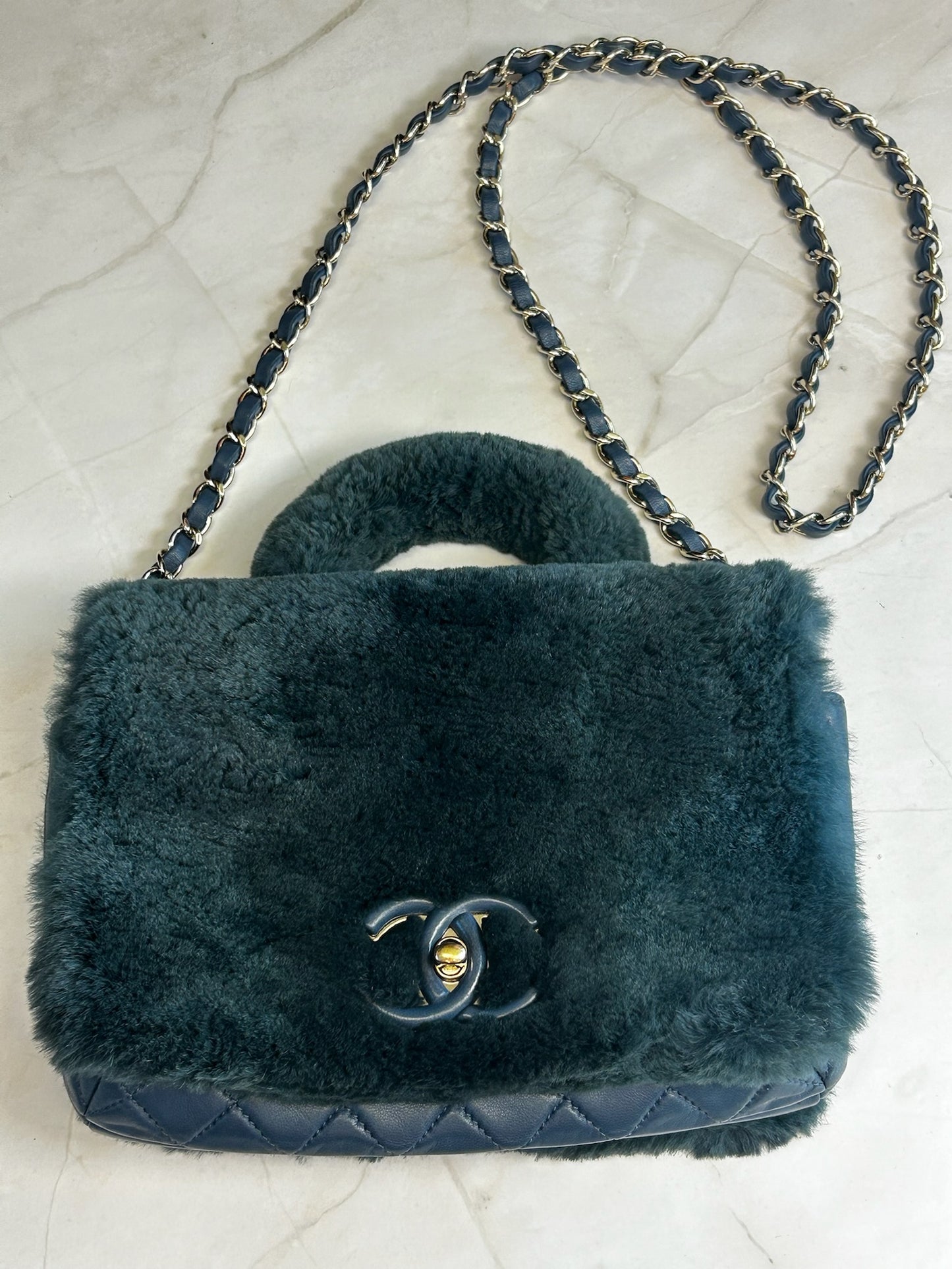 Chanel 2017 Metiers D'Art Lambskin/Rabbit Fur Top Handle Flap with Gold Hardware